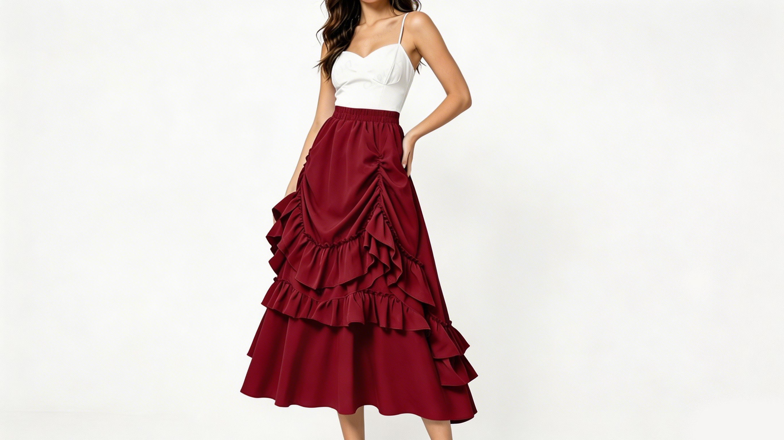 thumbnail video image 2 of PBFRDSJ Vintage Renaissance Skirt for Women Elastic Waist Ruffle Layered Casual Maxi Skirts A-Line Flare Skirts, 2 of 9