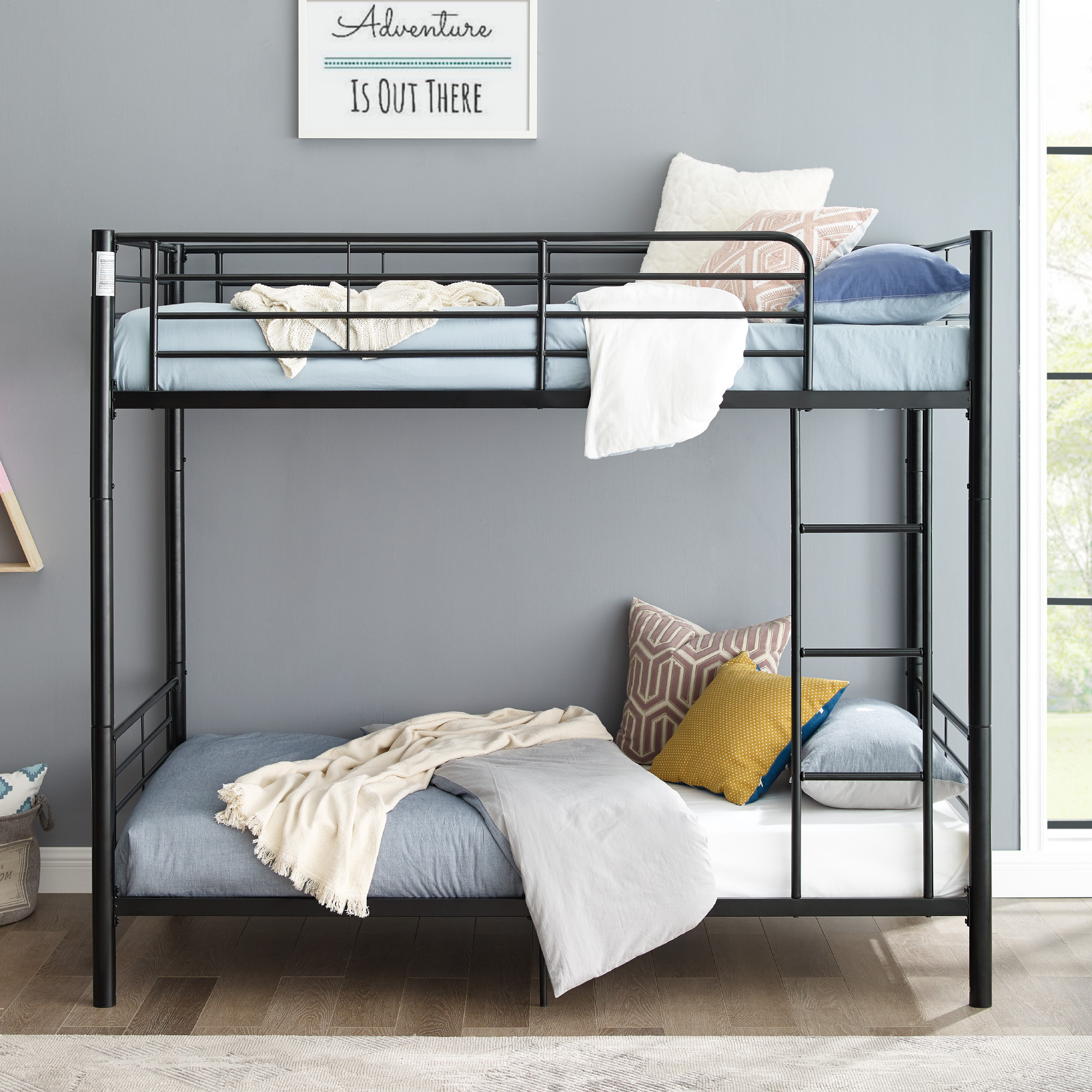thumbnail video image 2 of Walker Edison Premium Twin Over Twin Black Metal Bunk Bed, 2 of 13