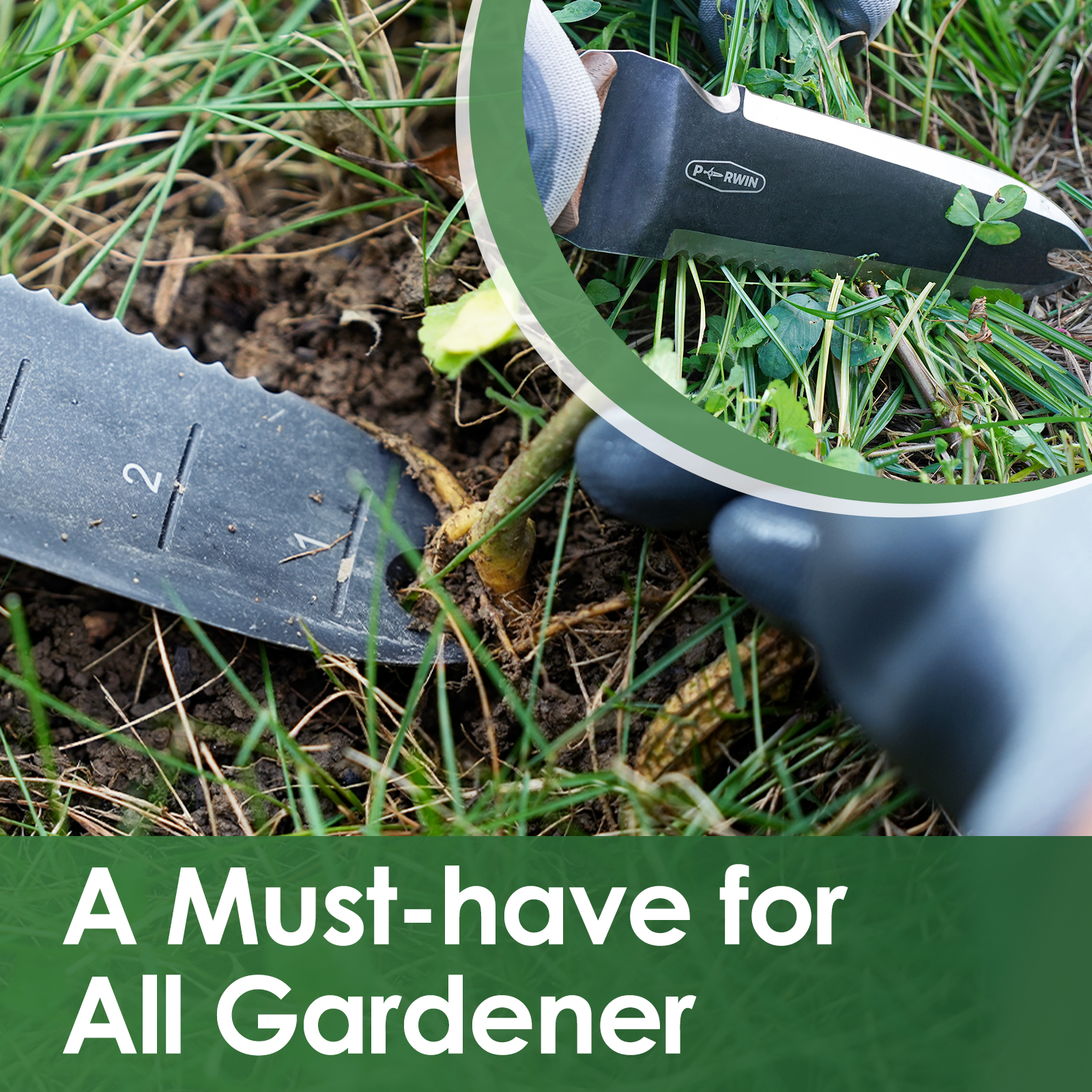 thumbnail video image 2 of Hori Hori Garden Knife, Garden Tools with Sheath for Weeding,Planting,Digging, 7" Stainless Steel Blade with Cutting Edge, Wood Handle with Hanging Hole, 2 of 10