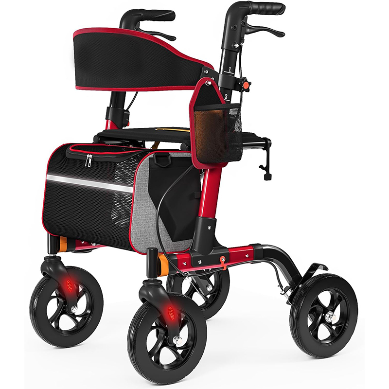 thumbnail video image 2 of Walkers for Seniors, Rollator Walker with Seat, 350 lb Weight Capacity, 18" Big Seat, 8" All-Terrain Wheels, 6-Level Adjustable Height, Lightweight Aluminum Frame Rollator Walkers for Seniors (Red), 2 of 8