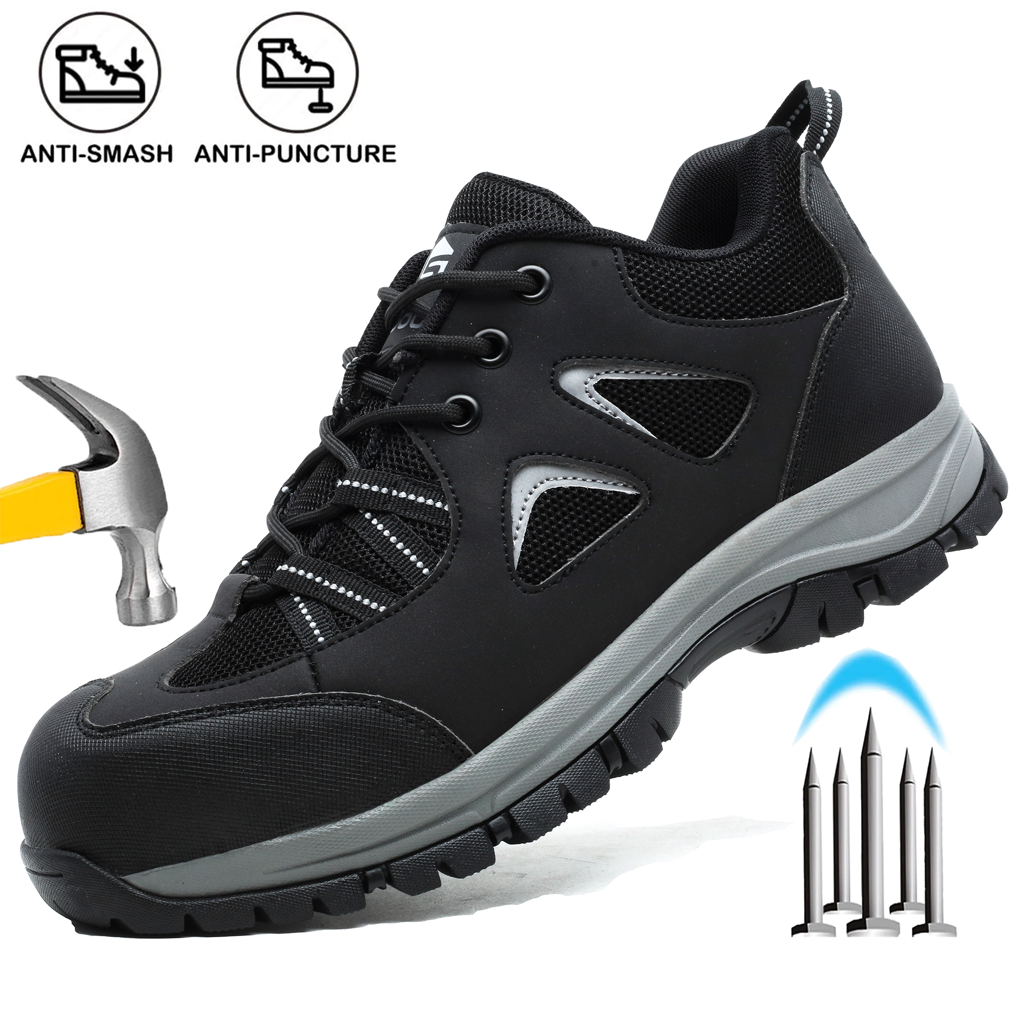 thumbnail video image 2 of SPSHOOS Steel Toe Work Sneakers for Men Women Lightweight Breathable Safety Shoes Anti-Smashing Anti-Puncture Non-Slip Black, 2 of 10