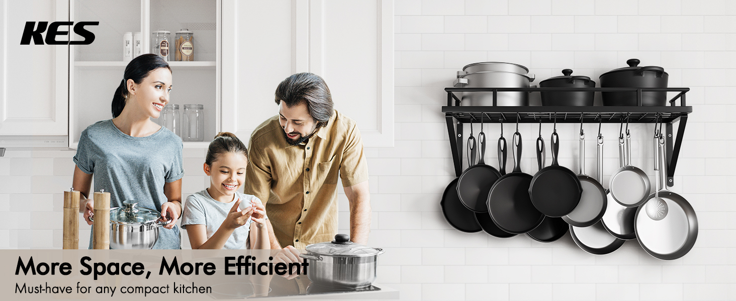 thumbnail video image 2 of KES Hanging Pot Rack for Kitchen, 24 inch Kitchen Pot Pan Rack Organizer Wall Shelf With 12 Hooks Wall Mounted, 2 of 10