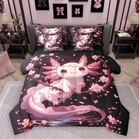 thumbnail video image 2 of Homewish Cartoon Animal Axolotl 7-Piece Twin Bedding Sets,Sakura Cherry Blossom Bedding Comforter Set,Pink Black Sheet Sets,For Teens,Microfiber Bedroom Decor Reversible, 2 of 9