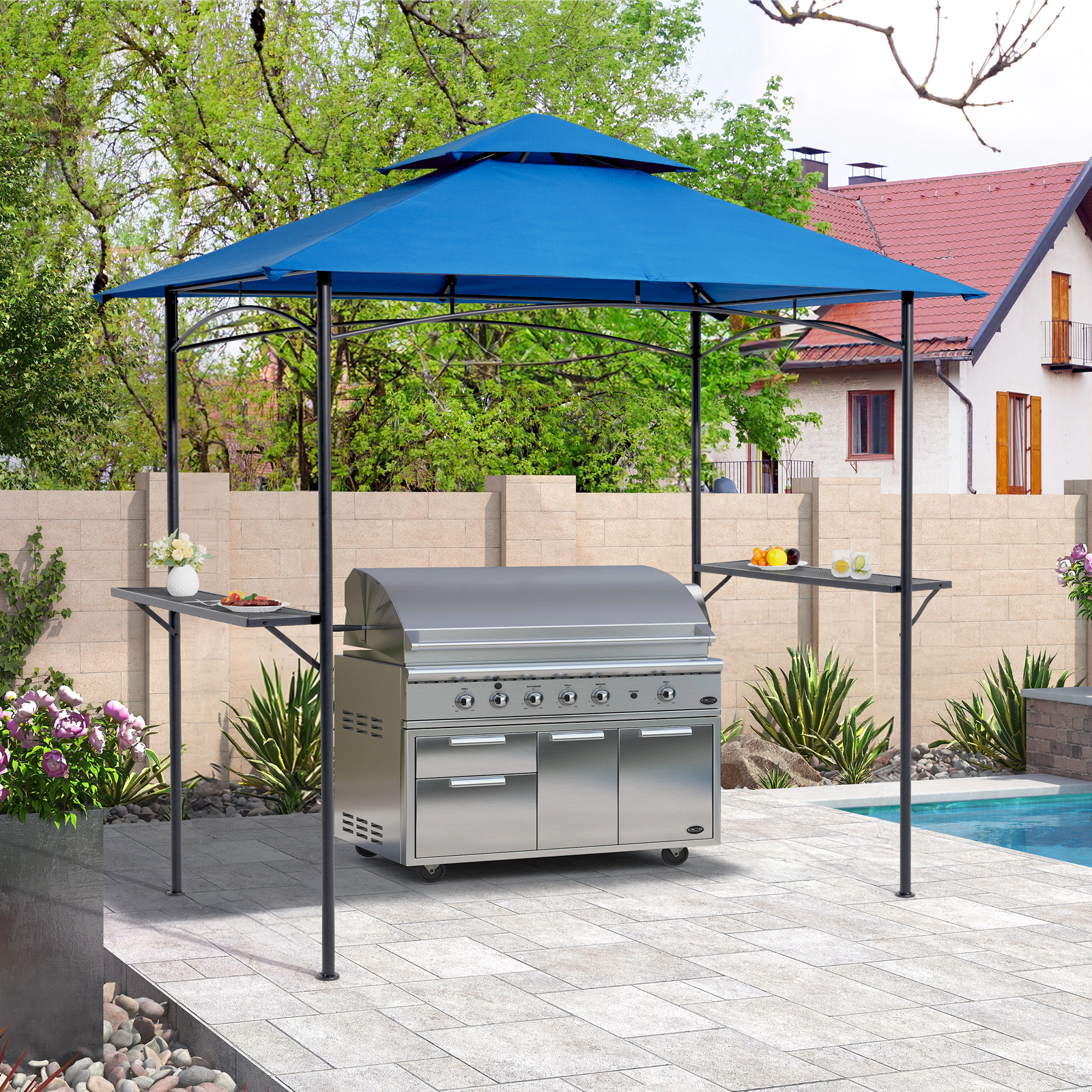 thumbnail video image 2 of JOIVI Grill Gazebo 8 x 5 Double Tiered Outdoor BBQ Grill Patio Canopy, Backyard Barbeque Tent with Extra Shelves, Blue, 2 of 8