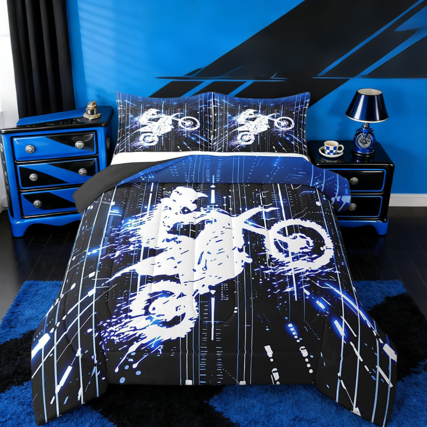 thumbnail video image 2 of Manfei Kids Blue Dirt Bike Queen Comforter Set,Extreme Sports Racing Motocross Rider Bedding Comforter Set For Motorcycle Teens Reversible 3 Pieces, 2 of 8