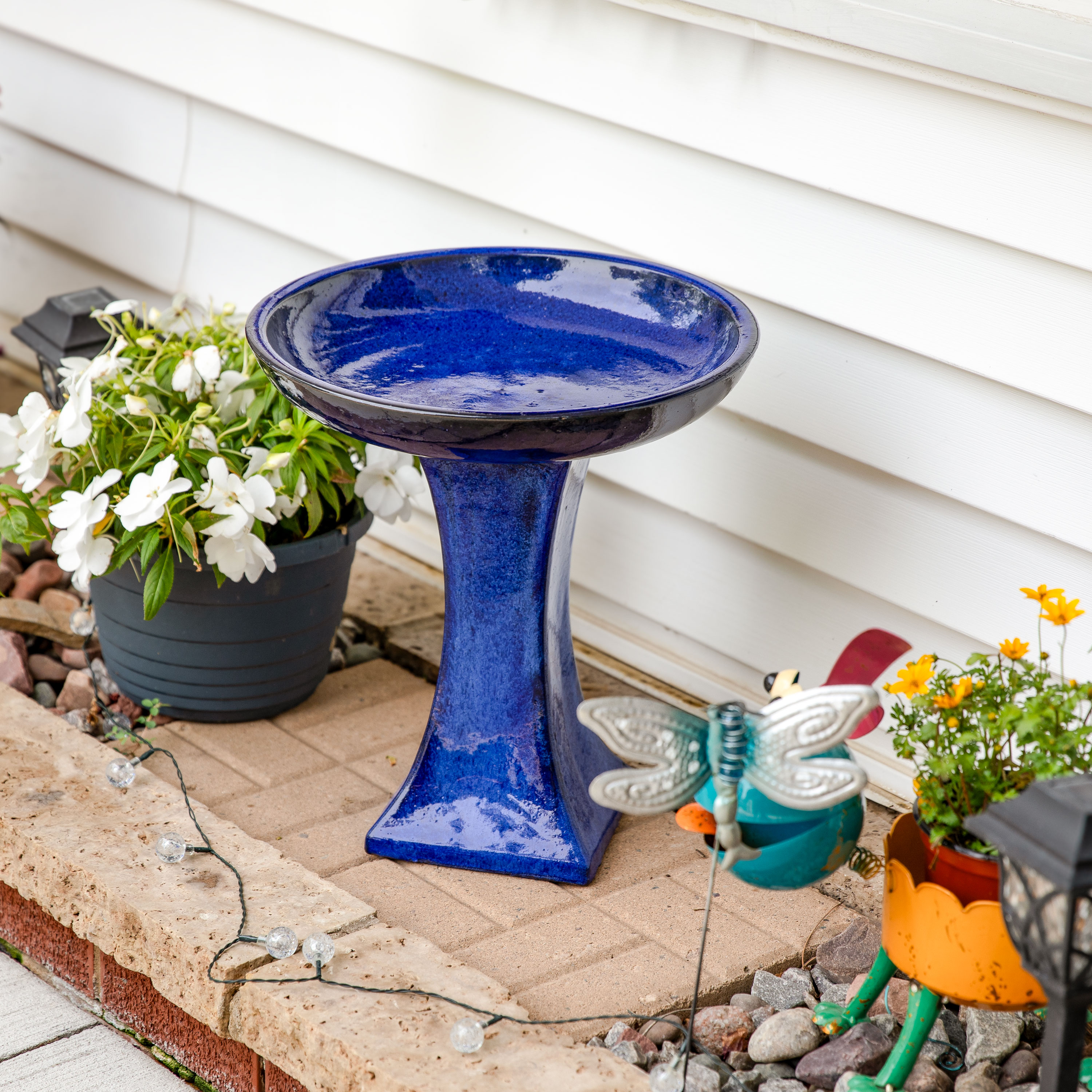thumbnail video image 2 of Sunnydaze Nantes Freestanding Ceramic Outdoor Bird Bath, UV-Resistant Blue Finish, 2 of 10