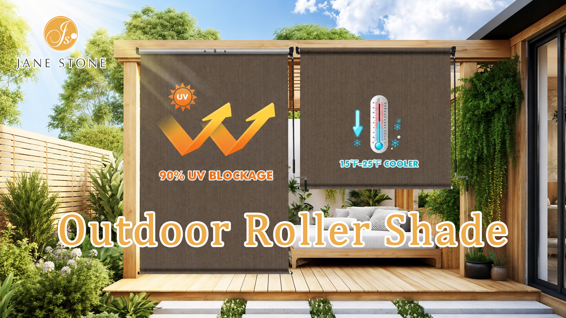 thumbnail video image 2 of Jane Stone Outdoor Roller Shades 8'W x8'H Cordless Roll Up Blinds with Valance, Exterior Shade Cloth Roll for Patio Porch Pergola,Mocha, 2 of 8