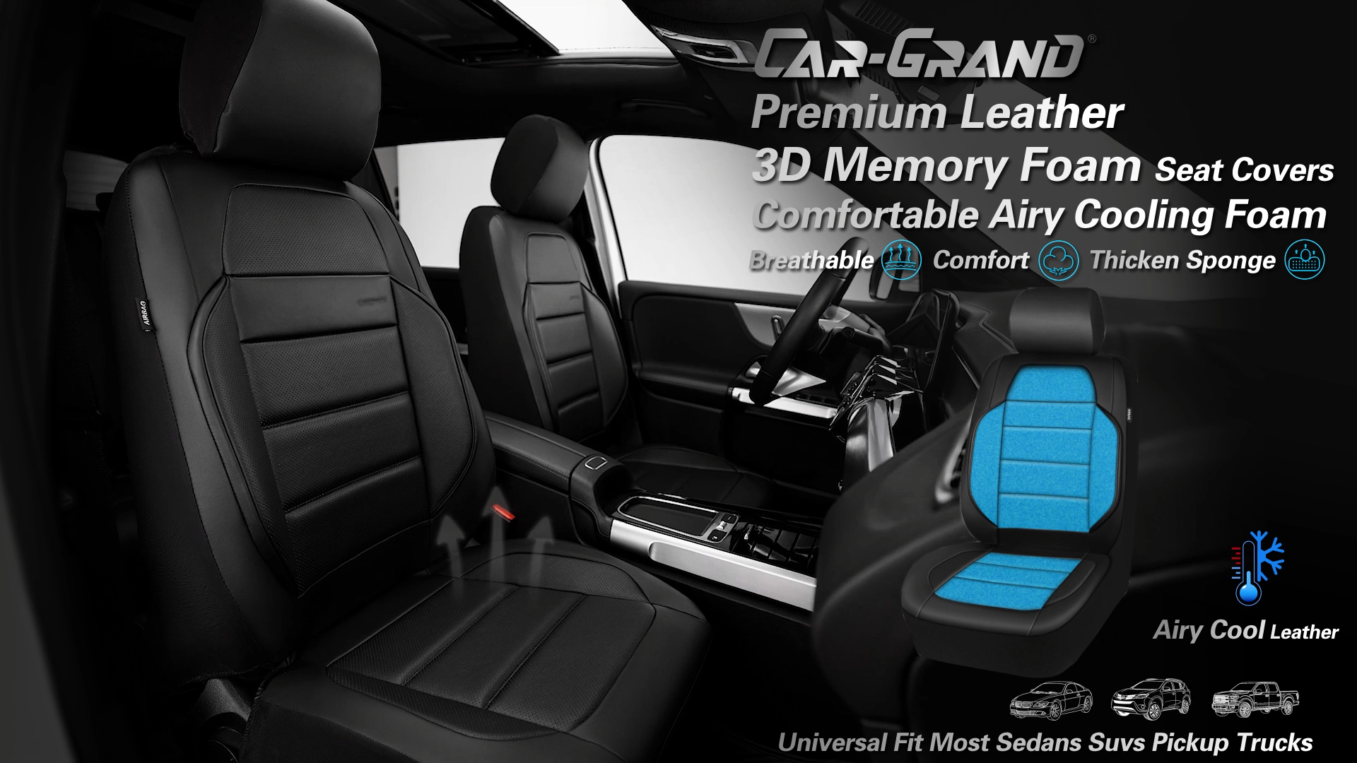 thumbnail video image 2 of Car Grand Memory Foam Leather seat covers,Water Resistant 3D Foam faux leather car seat covers front seats, Universal FIT cars,SUV,Trucks Airy Cool Leatherette All weather protection 2 PCS Black, 2 of 7