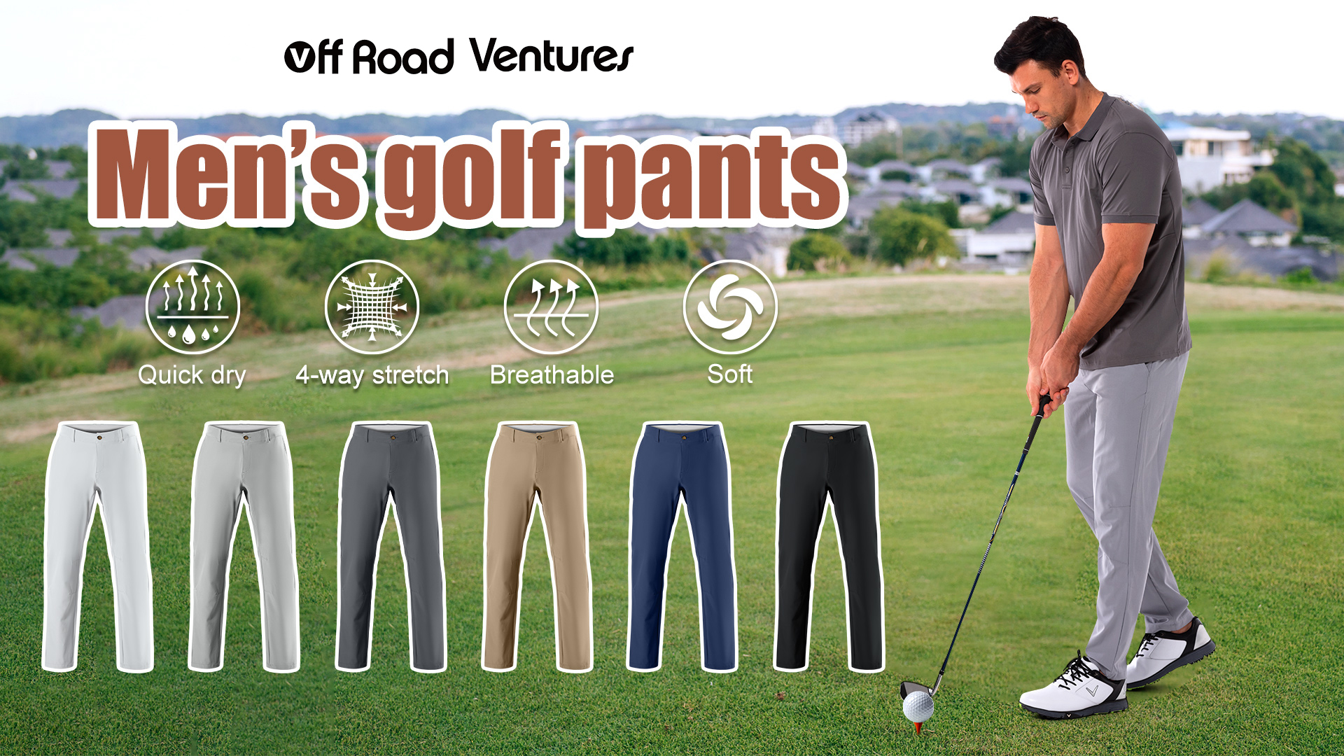 thumbnail video image 2 of Off Road Ventures Men's Stretch Golf Pants Relaxed Fit Elastic Waist Lightweight Quick Dry Pant with Pockets for Outdoor Hiking Running, 2 of 7