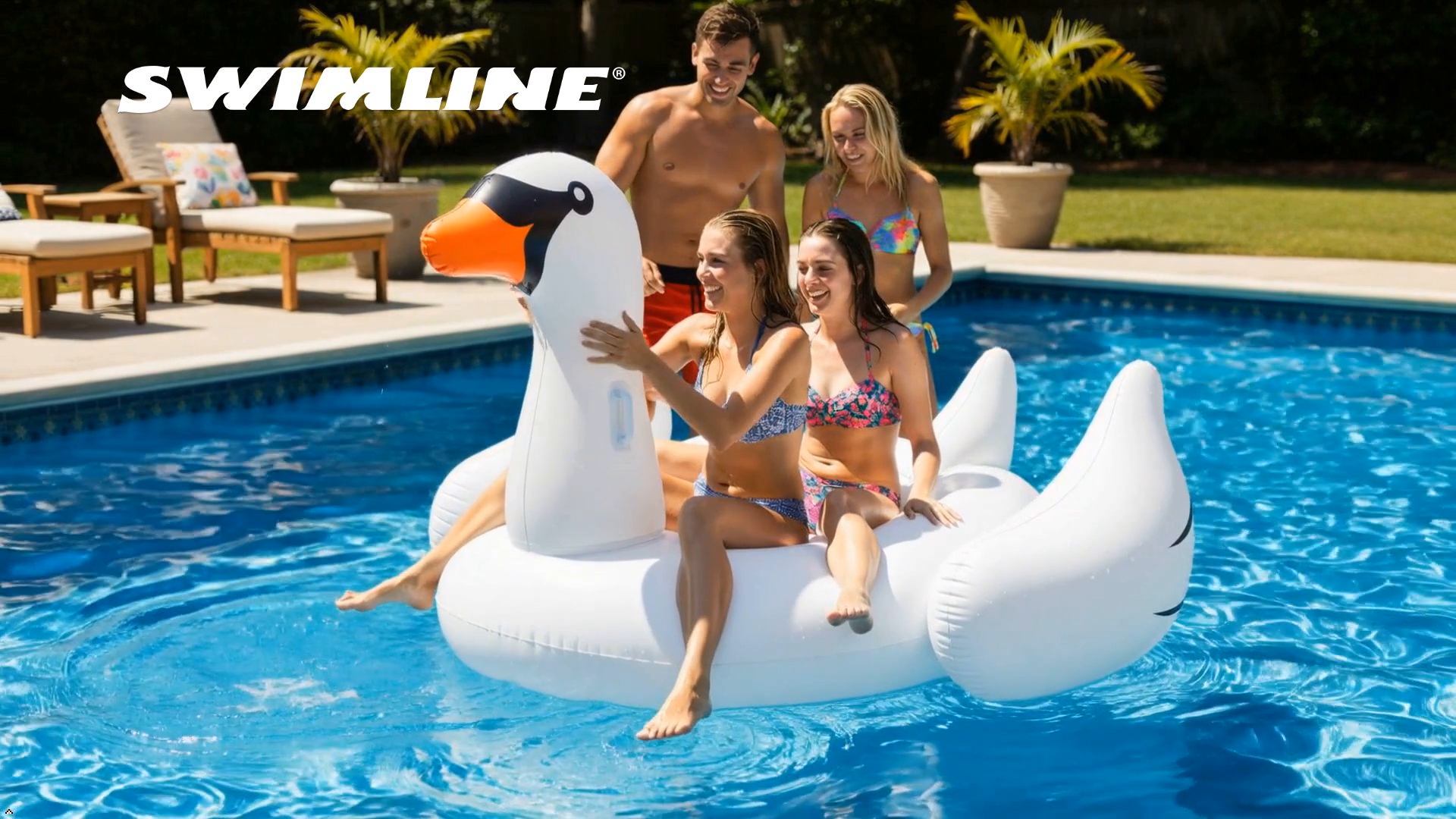 thumbnail video image 2 of Swimline Giant Swan Inflatable Ride-On Swimming Pool Raft Float, White, 2 of 9