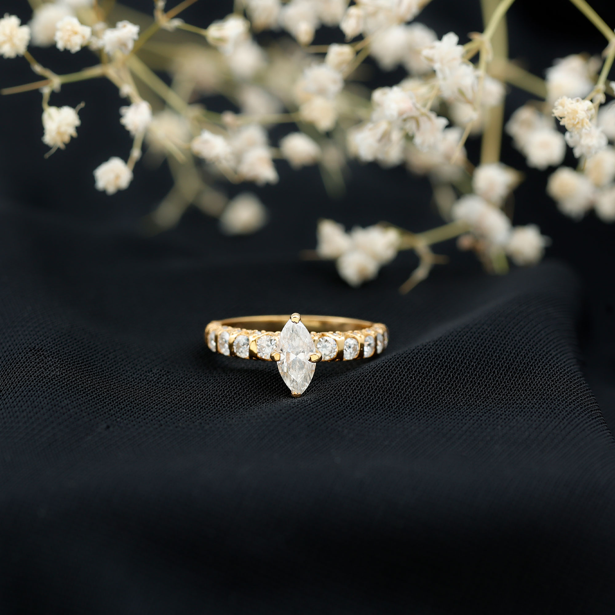 thumbnail video image 2 of Rosec Jewels Marquise Moissanite Engagement Ring with Side Stones (4X8 mm, D-VS1 Grade), 10K White Gold, US 4.00, 2 of 9