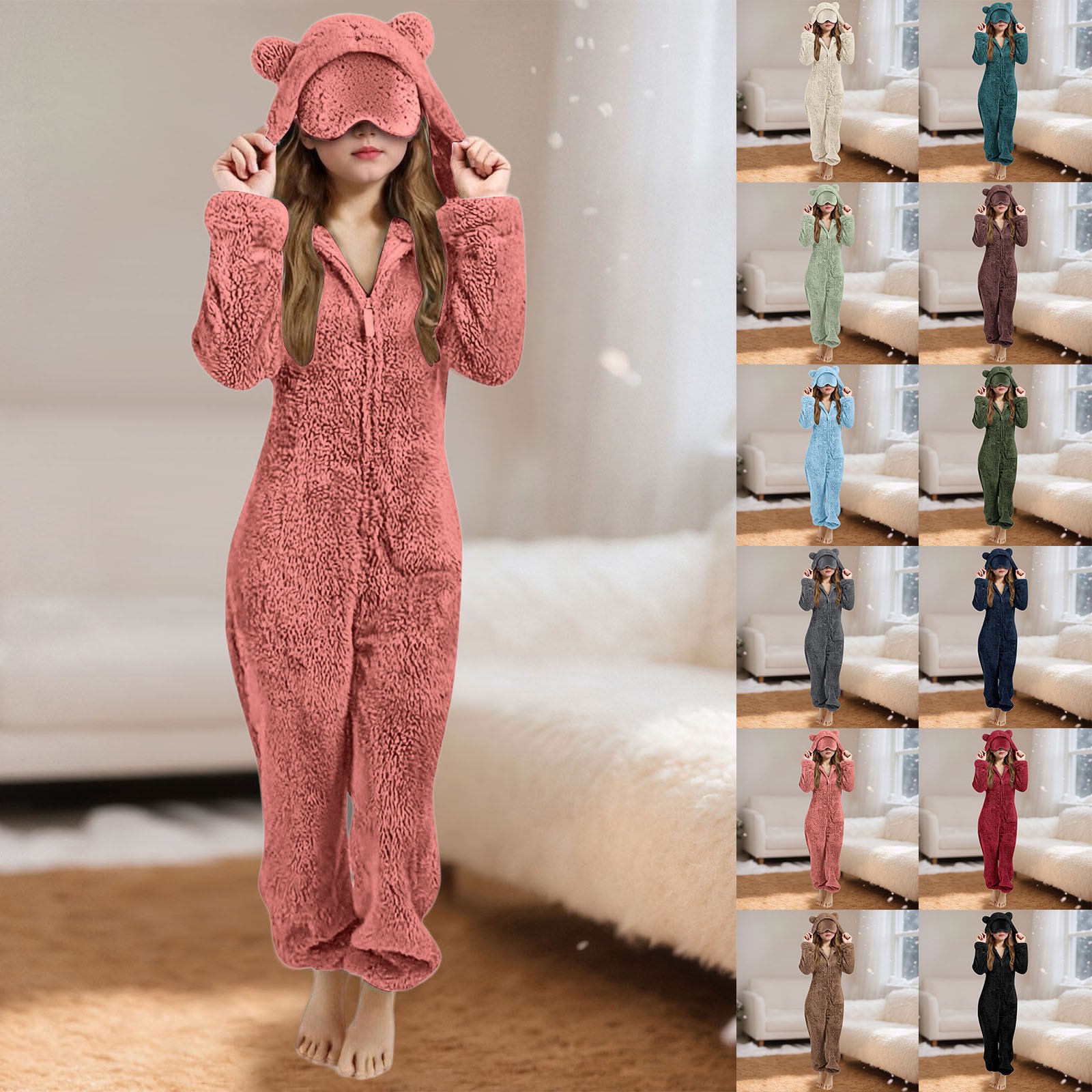 thumbnail video image 2 of YUEHUA Girls Fleece Hooded Onesie Pajamas Cute One Piece Fuzzy Sleepwear Zip Up Jumpsuits Winter Warm Romper Outfits with Pockets Playsuit Loungewear Pink, 3-4 Years, 2 of 7