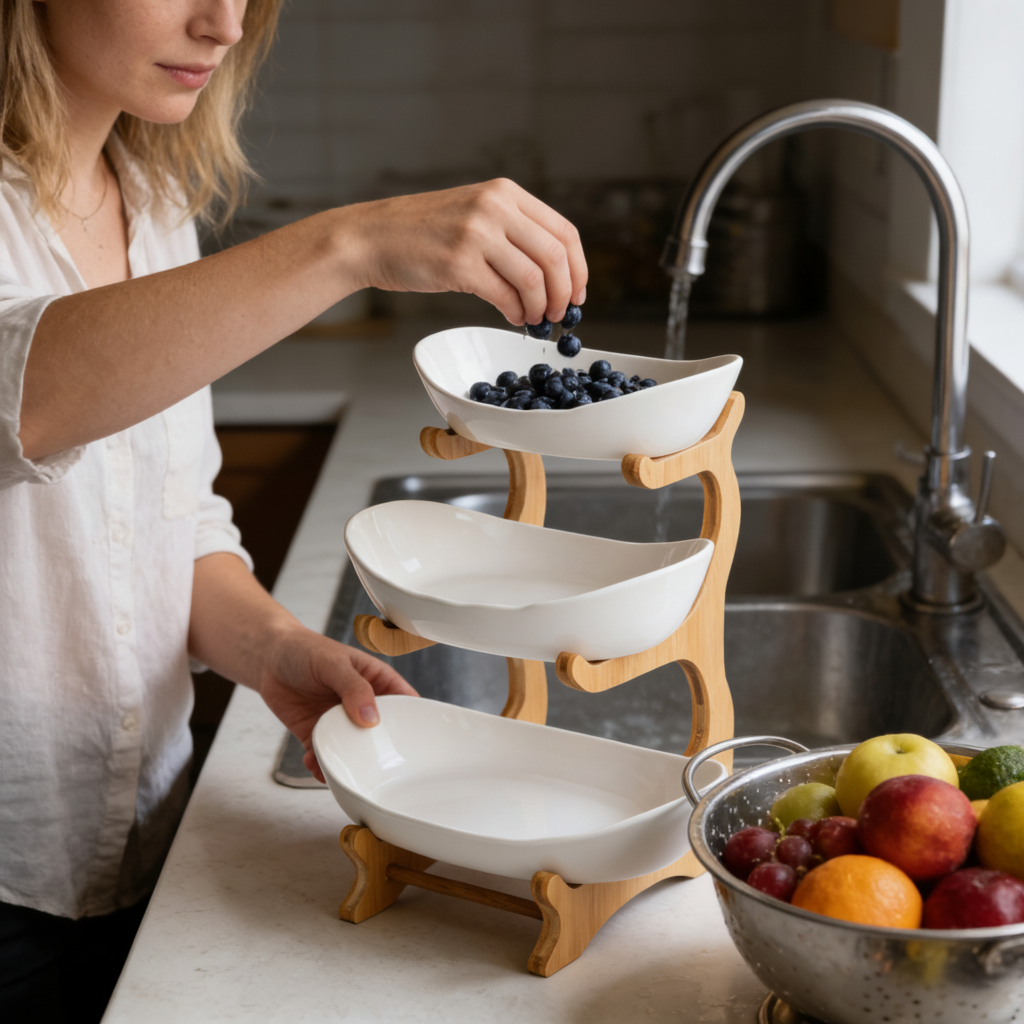 thumbnail video image 2 of LUOLUO 3 Tier Ceramic Fruit Bowl With Bamboo Wood, Ceramic Fruit Display Shelf for  Kitchen Counter,Brown, 2 of 17