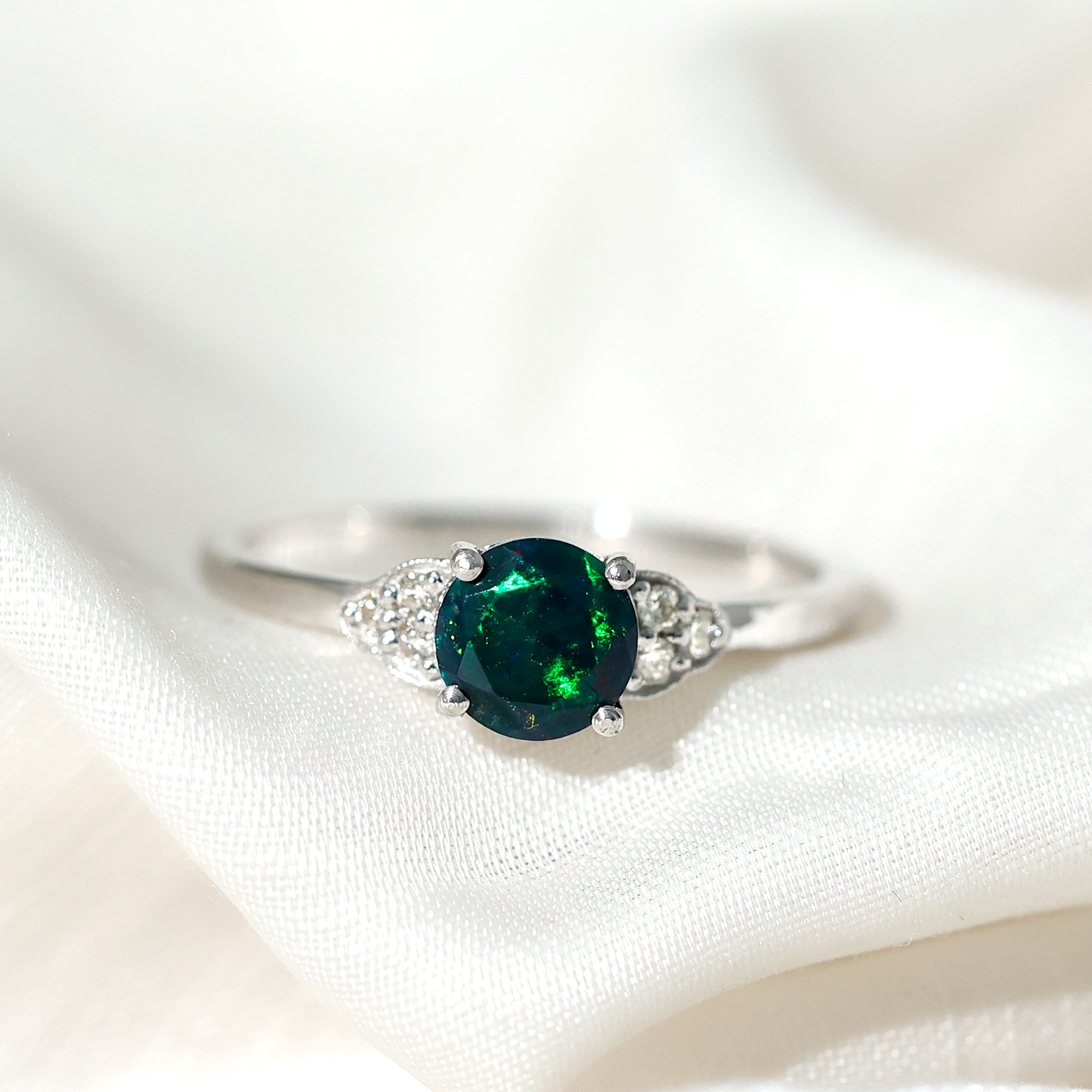 thumbnail video image 2 of Rosec Jewels Natural Black Opal Engagement Ring for Women - Black Opal Diamond Ring (6 mm, AAA Quality) - With Jewelry Box, 925 Sterling Silver, US 4.00, 2 of 9