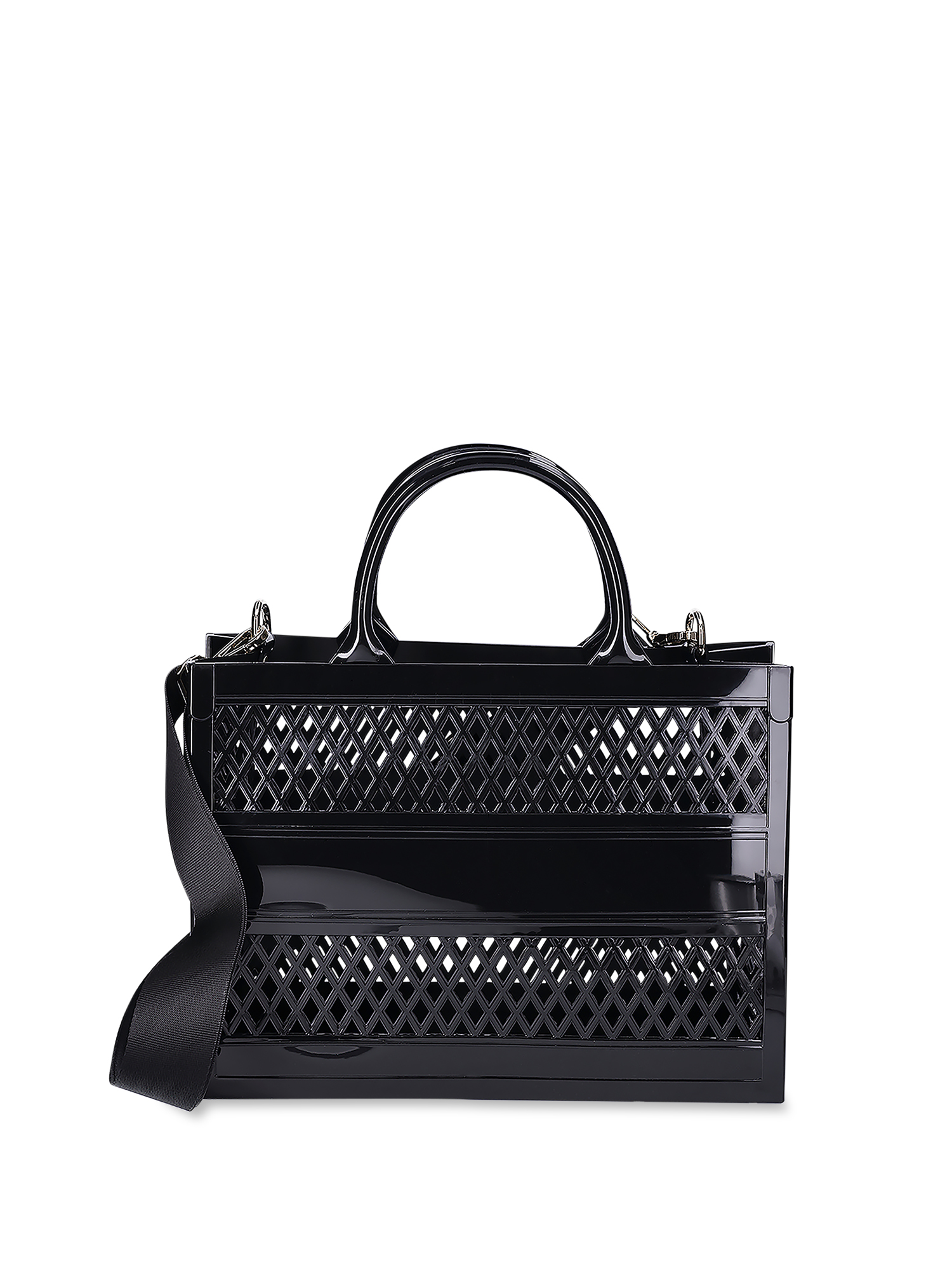 No Boundaries Women's Lattice Jelly Tote Bag with Shoulder Strap, Black
