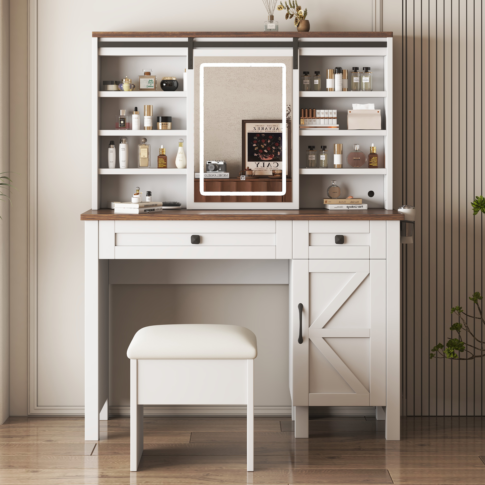 thumbnail video image 2 of Rustic Vanity Desk w/ Sliding Mirror & Lights | Hairdryer Holder + Charging Socket | Multi-Layer Shelves, 2 Drawers & Cabinet | Bedroom Set, 2 of 12