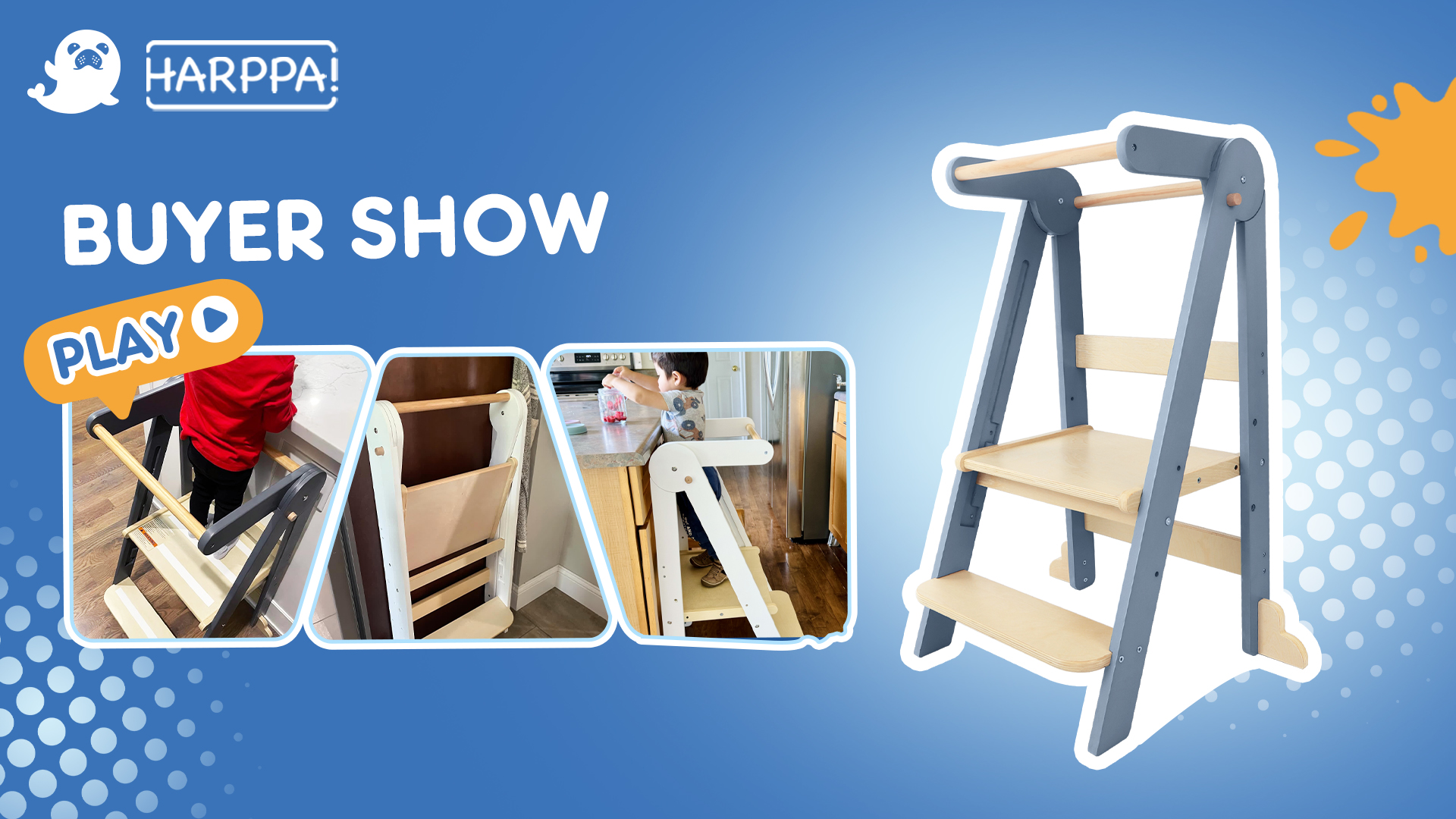 thumbnail video image 2 of HARPPA Foldable Toddler Kitchen Tower, Standing Tower for Kids Age 1.5-6 Years, Gray, 2 of 11