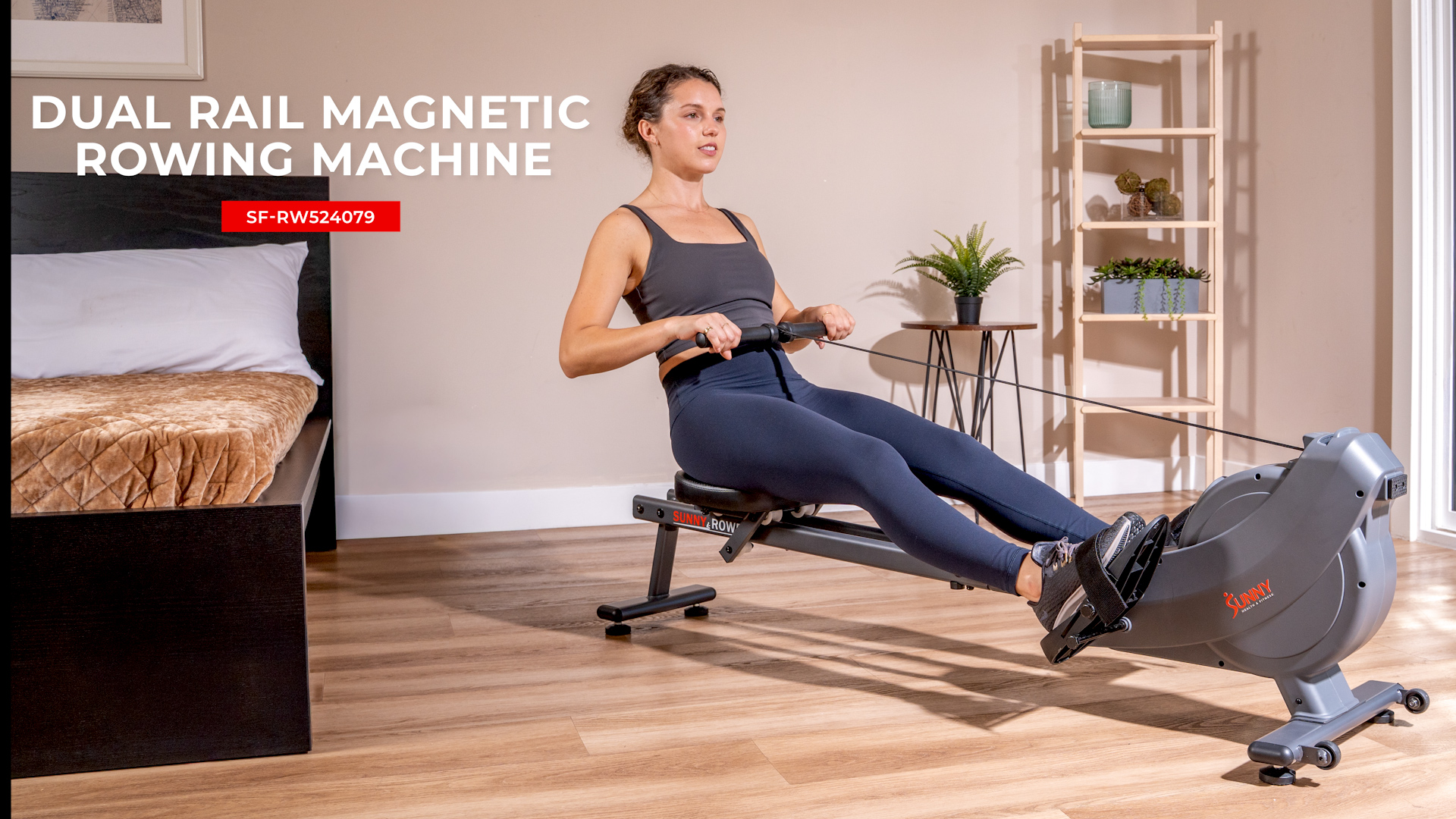 thumbnail video image 2 of Sunny Health & Fitness Smart Dual Rail Magnetic Rower with 16-Level Quiet Resistance for Home Workouts, Full Body Low-Impact Cardio Rowing Machine, Free SunnyFit App Connect, 300 LB Capacity, 2 of 8