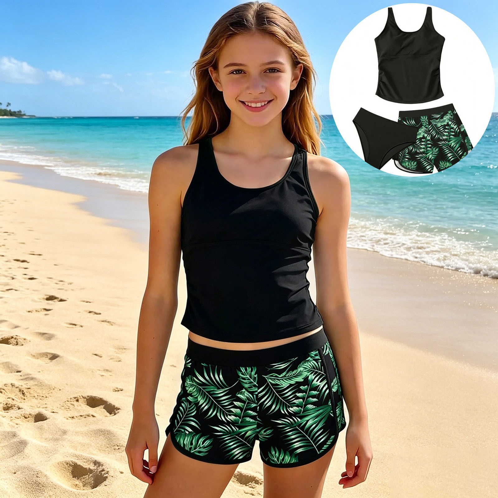 thumbnail video image 2 of LIIPEE Girls Swimsuit Sets 3 Piece Set Casual Summer Solid Color Standard Straps Scoop Neck Tankini And Briefs Graphic Shorts Separate Trikini Kids Swimming Pool Beach Party Swimwear,11-12 Years, 2 of 4