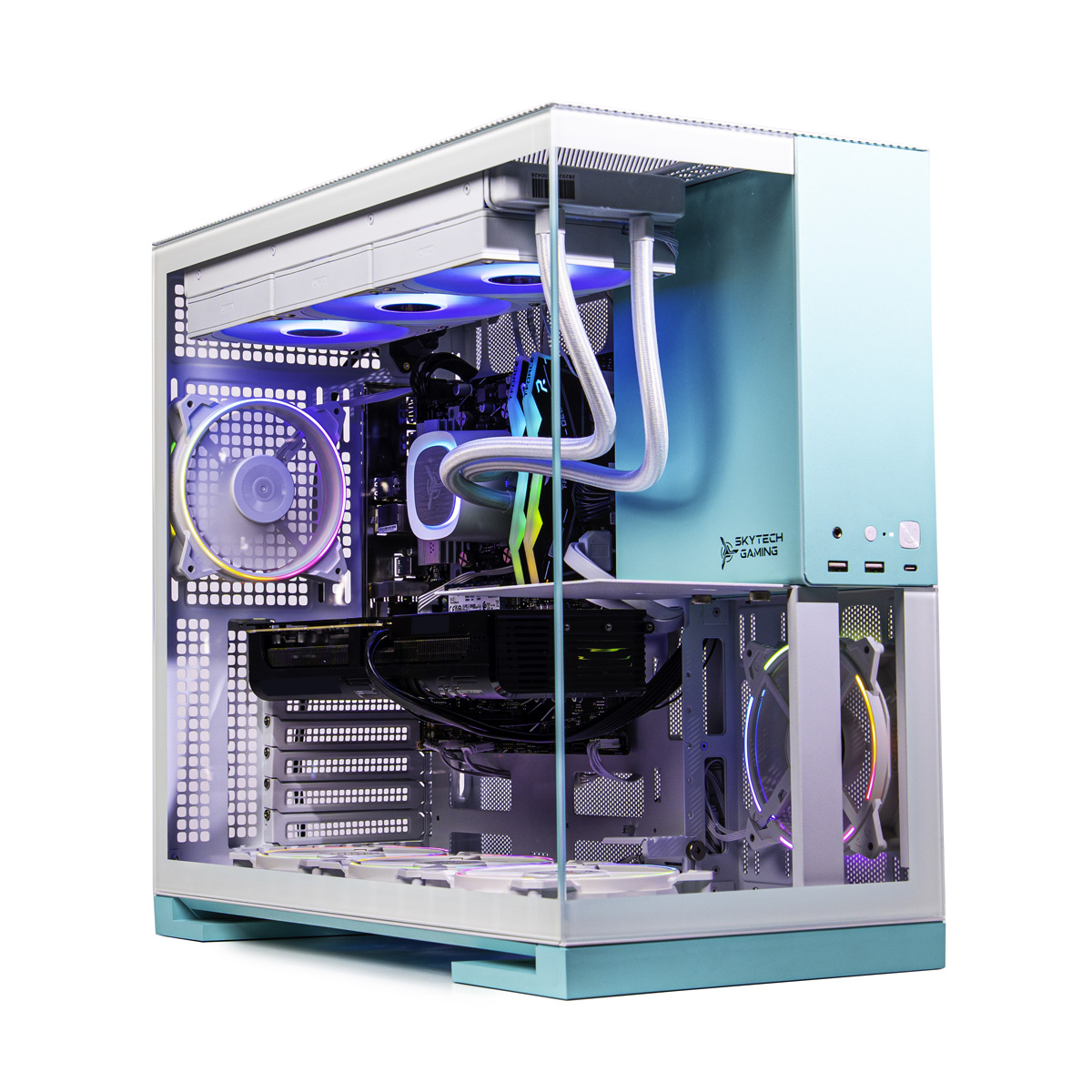 thumbnail video image 2 of Skytech Aqua Gaming PC Desktop AMD Ryzen 7 9800X3D NVIDIA GeForce RTX 5070 Ti 2TB Gen4 NVMe SSD 32GB DDR5 RAM, AIO Liquid Cooling Windows 11, 2 of 20