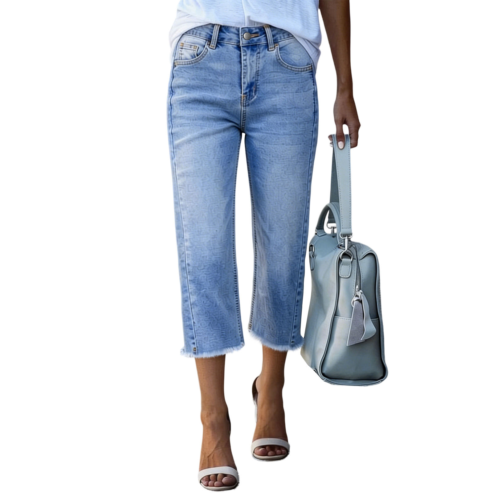 thumbnail video image 2 of ASDFVBKG Women's Wide Leg Baggy Jeans Cropped Trendy Capri Jeans Stretch Denim Pull on Raw Hem Summer Denim Trouser Light Blue L, 2 of 5