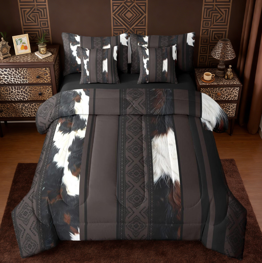 thumbnail video image 2 of jejeloiu Cattle Hide Bedding Comforter Set 7 Pieces,Cow Print Full Bedding Set,Aztec Geometric Stripes Fitted Sheet Flat Sheet,Breathable Bedroom Decor Reversible, 2 of 9