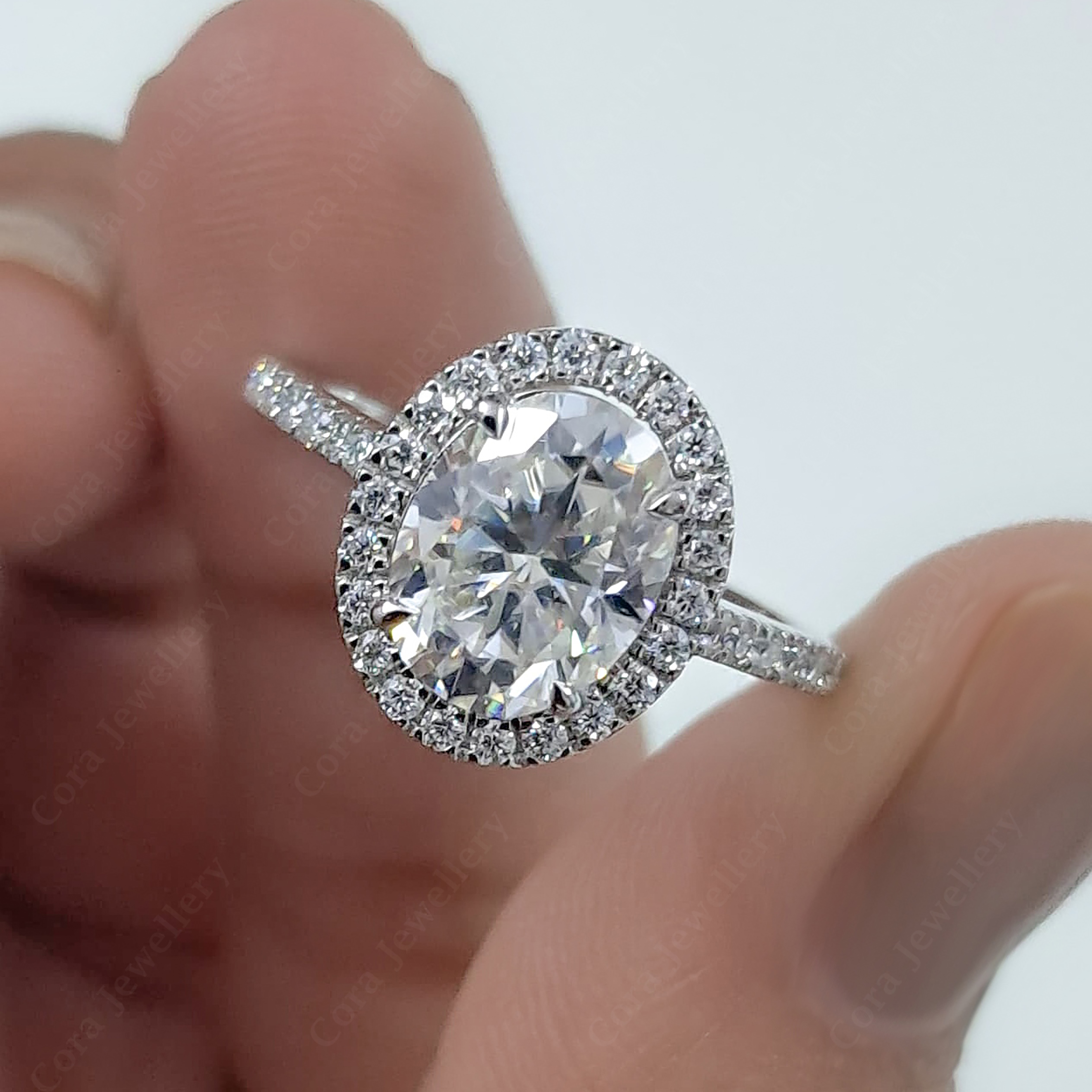 thumbnail video image 2 of Cora Jewellery 2TCW Oval Moissanite Halo Engagemet Ring For Women, 14K White Gold, 5 US, 2 of 8