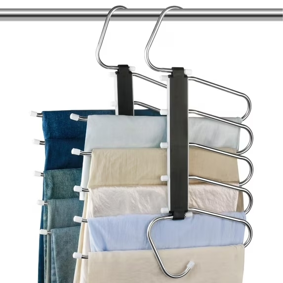 thumbnail video image 2 of Pants Hangers Space Saving, 2 Pack - Non-Slip Multi-Layer Space Saving Hangers - Multifunctional Clothing Rack for Closet Storage, for Jeans, Trousers, Skirts, Scarves & Slacks, 2 of 10