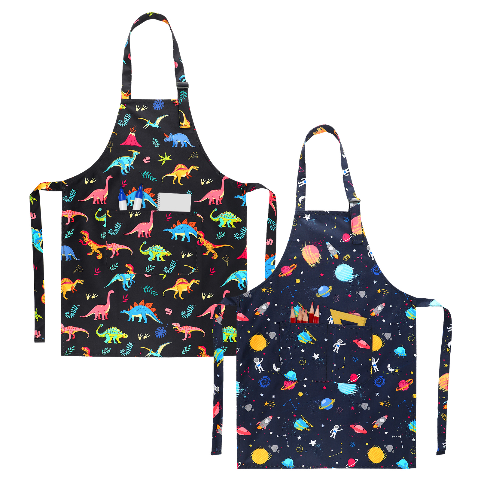 thumbnail video image 2 of AOWOO 2 Pack Kids Apron, Cooking Aprons with Adjustable Strap, Kids Kitchen Aprons with Front Pocket for Boys and Girls 3-8 Years Old Painting Baking Artist, 2 of 8