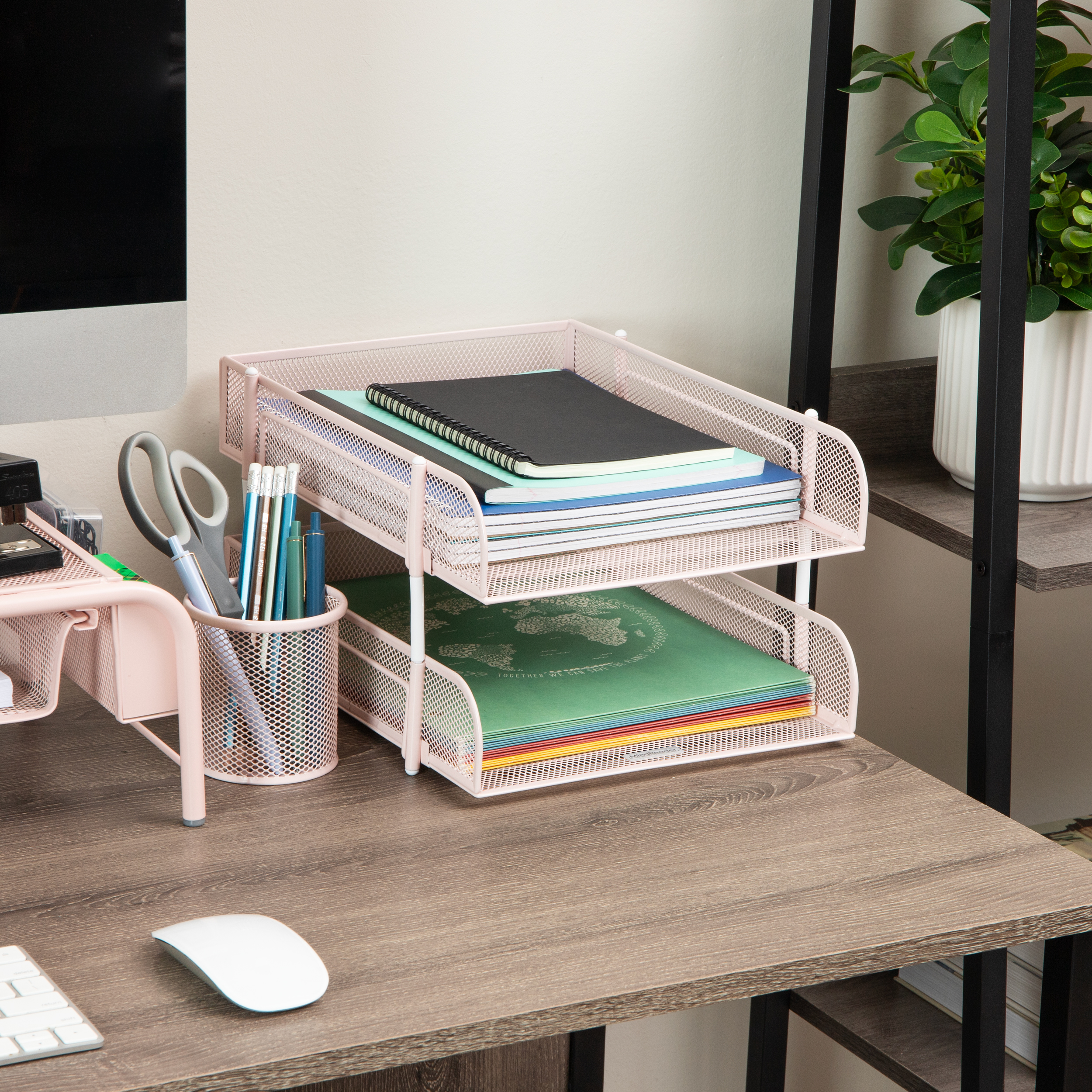 thumbnail video image 2 of Mind Reader Stackable Paper Tray, Desktop Organizer, File Storage, Office, Metal Mesh, 2 Pcs, Pink, 2 of 7