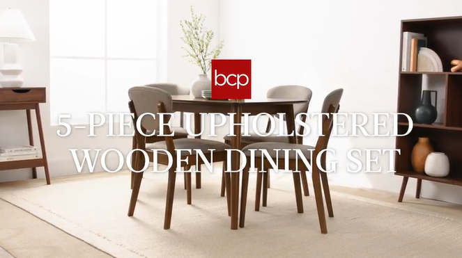 thumbnail video image 2 of Best Choice Products 5-Piece Compact Wooden Mid-Century Modern Dining Set w/ 4 Chairs, Padded Seat & Back - Walnut/Cream, 2 of 8