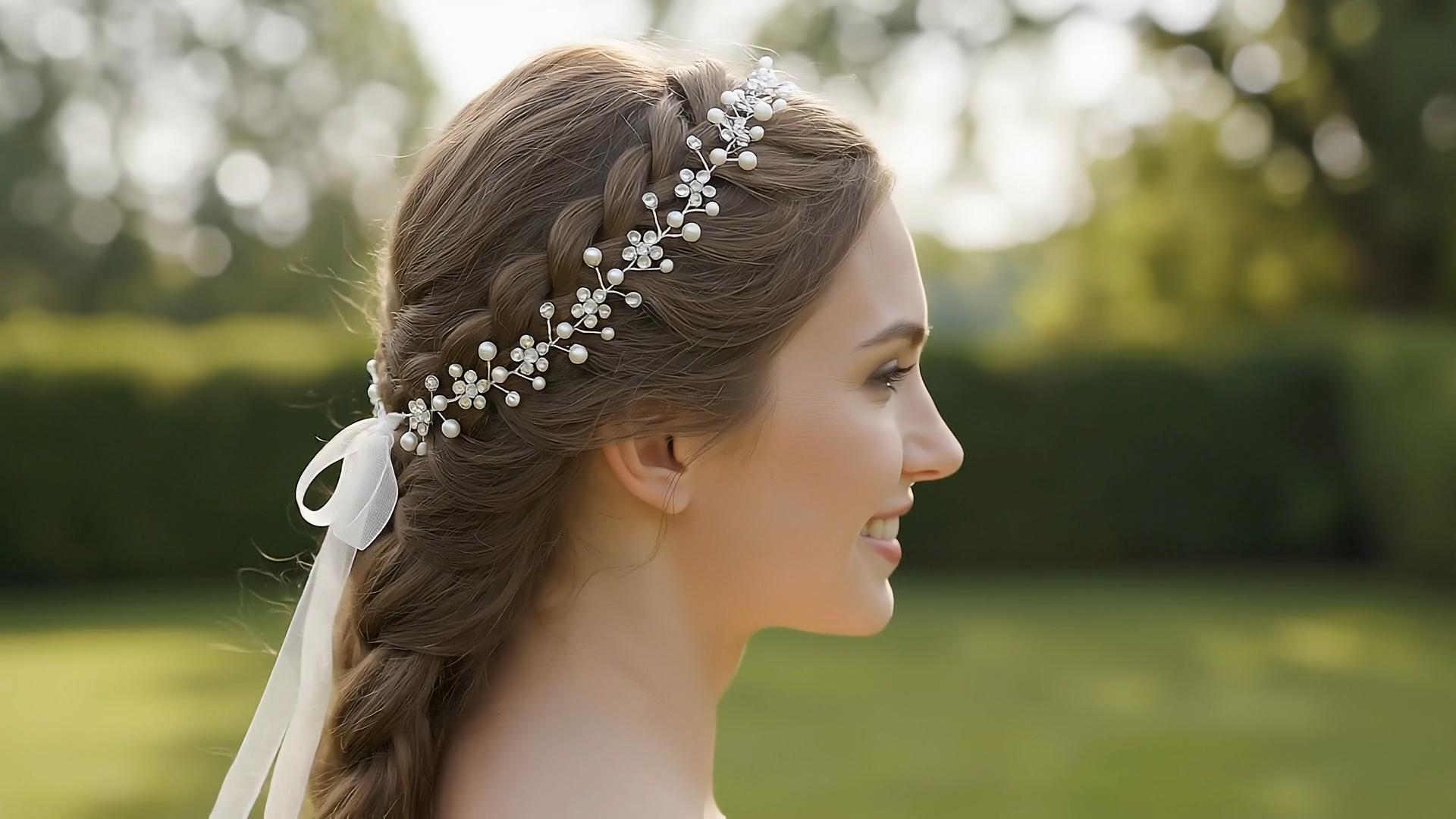 thumbnail video image 2 of Miallo Silver Crystal Pearl Hair Vine for Women & Girls, Floral Rhinestone Headband with Ribbon for Wedding Prom Party, 2 of 7