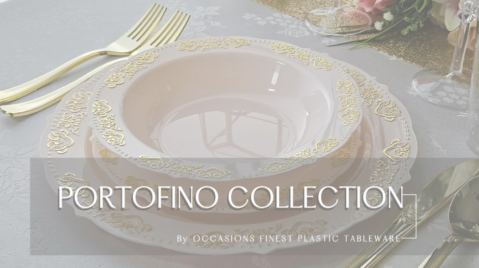 thumbnail video image 2 of " OCCASIONS " 120 Plates Pack,(60 Guests) Vintage Wedding Party Disposable Plastic Plates Set -60x10.25'' Dinner+ 60x7.5'' Salad/Dessert Plate (Portofino Light Pink / Blush & Gold), 2 of 8