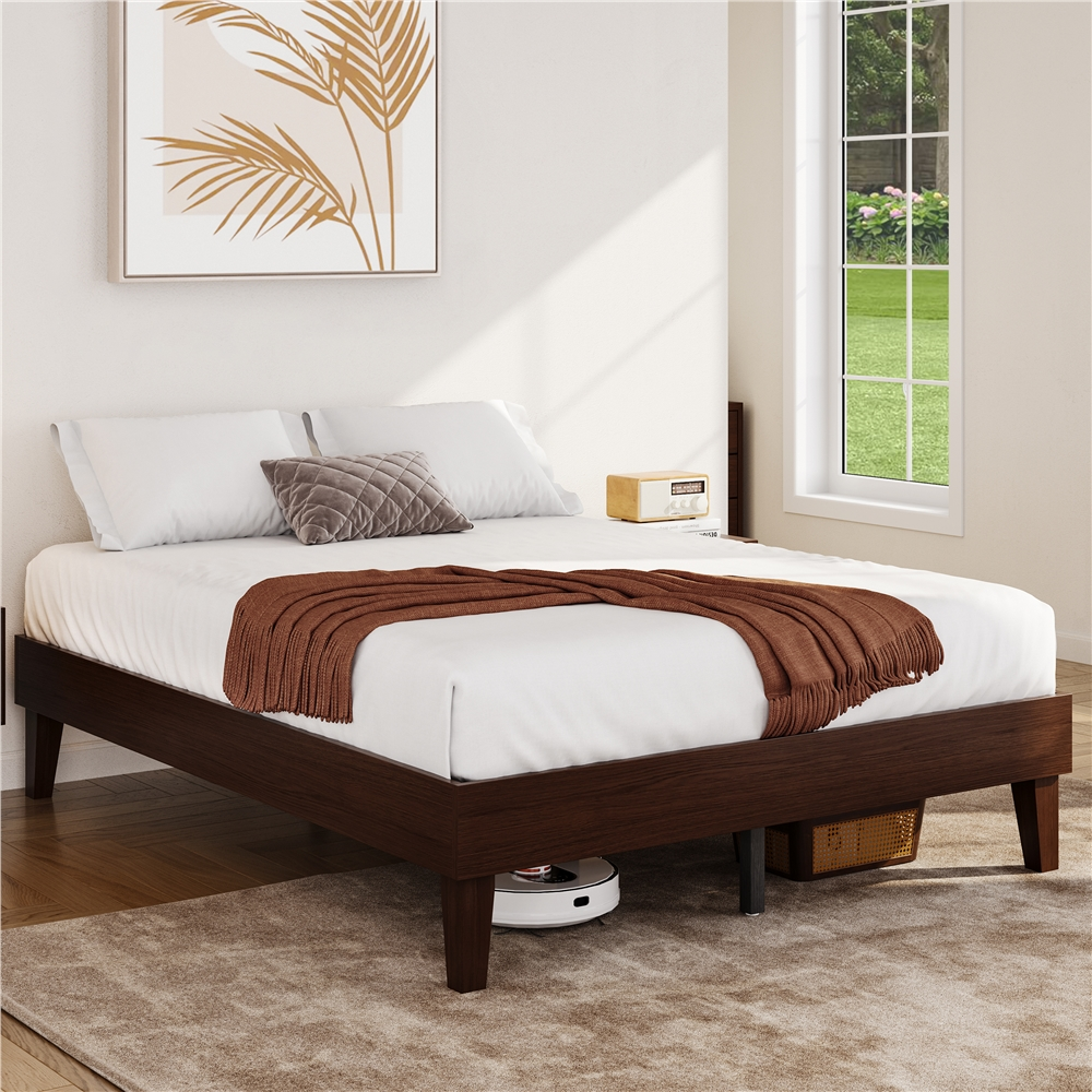 thumbnail video image 2 of Yaheetech Solid Wood Platform Bed Frame with Wooden Slat Support, Dark Walnut, Queen, 2 of 8