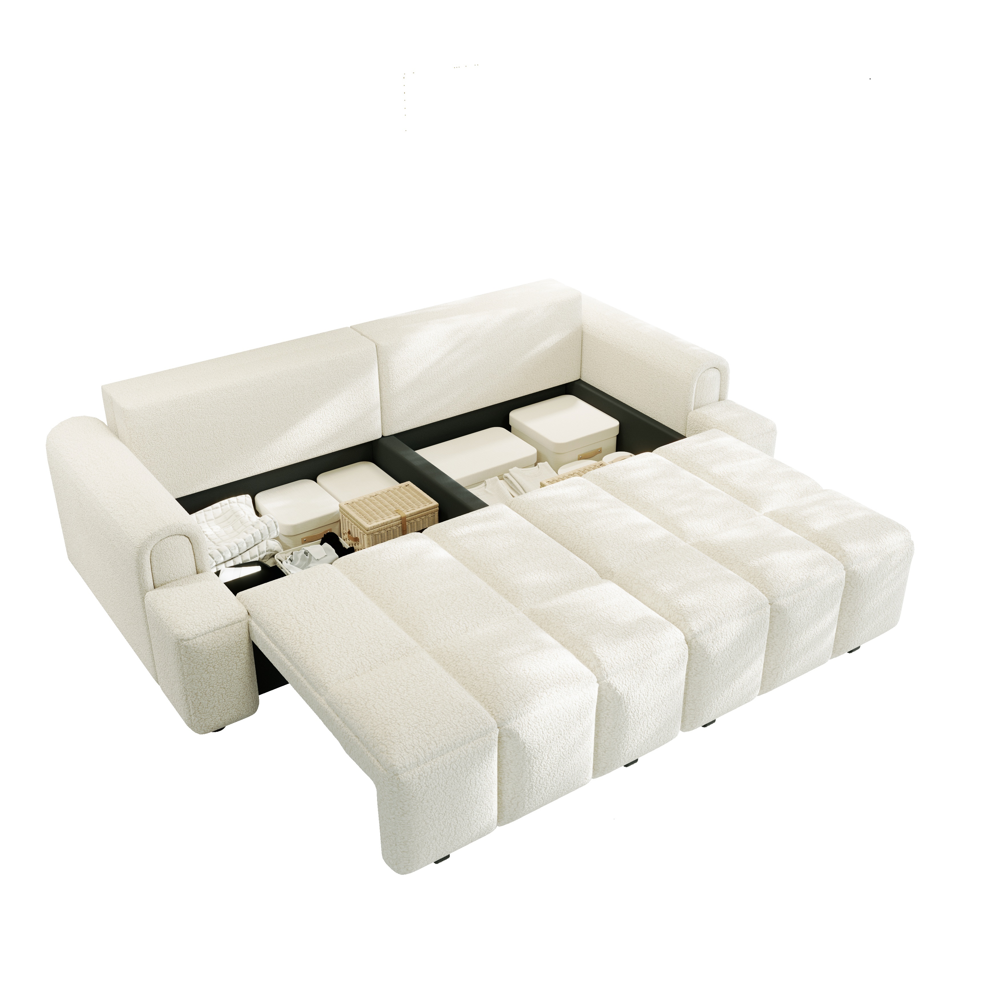 thumbnail video image 2 of VEPXXP 90.2" King Size Convertible Sleeper Sofa Bed, Teddy Fabric 4-Seater Couch with Hidden Storage Chaise & Casters, Modern Multi-Functional Furniture for Home Office, White, 2 of 11