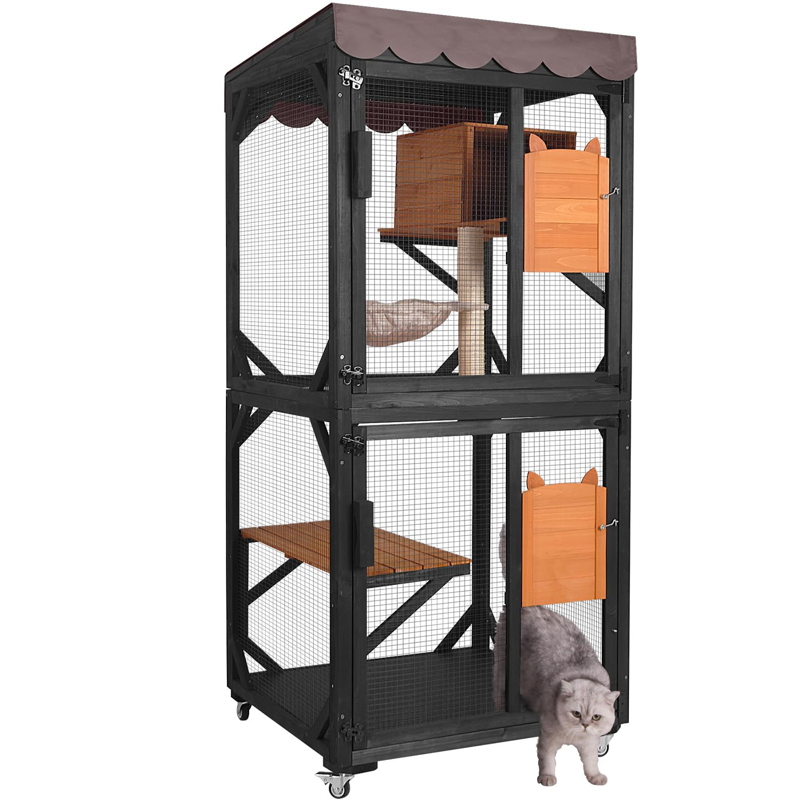 thumbnail video image 2 of BUTINGLALE Cat House Outdoor Catio on Wheels 70.9" Cat Enclosure Perfect for 3-5 Cats,Waterproof Cover Kitty Shelter, 2 of 8