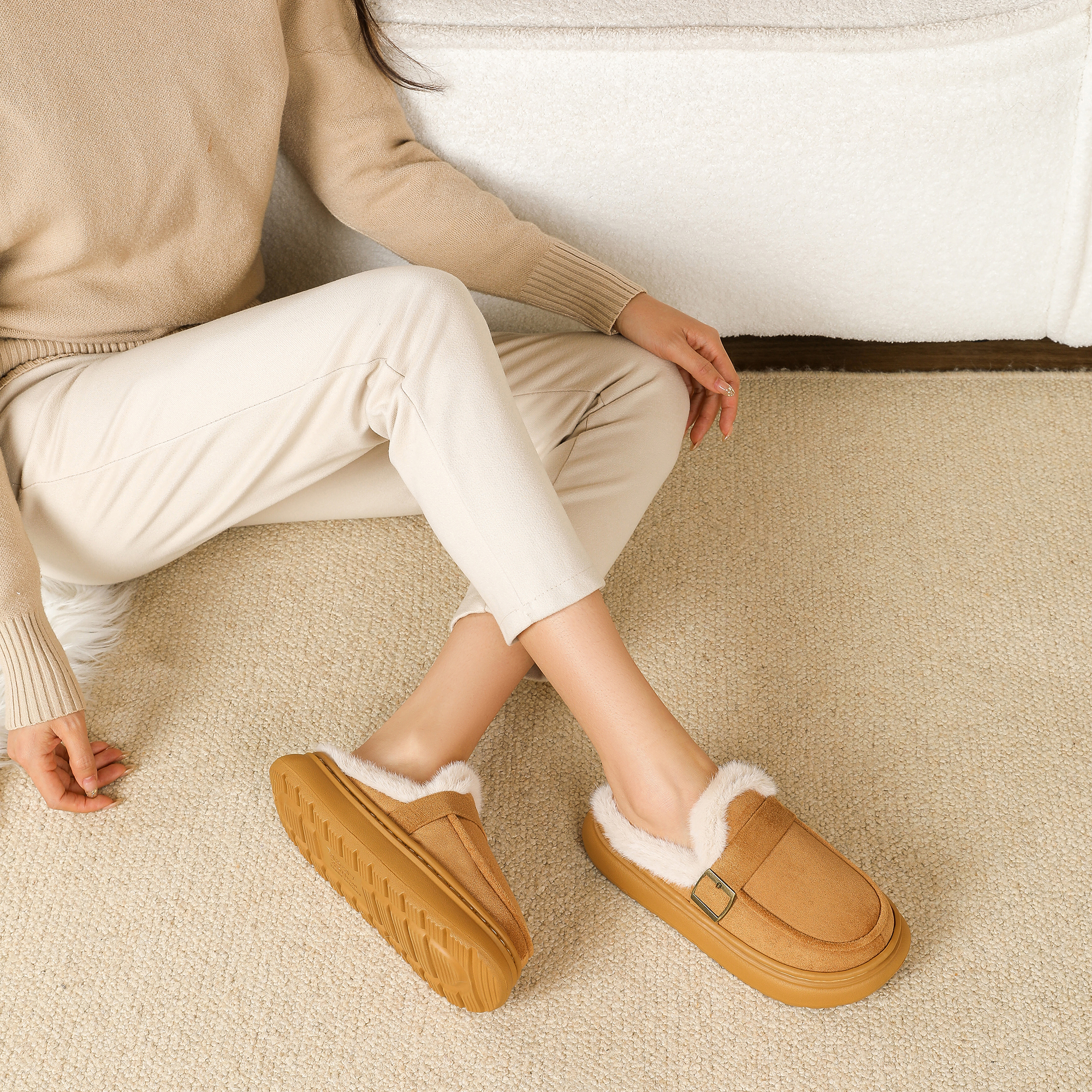 thumbnail video image 2 of Northblanc Women's Cozy Faux Fur Lined Slippers Buckle Non-Slip Comfortable Warm Platform House Shoes Indoor/Outdoor, 2 of 9