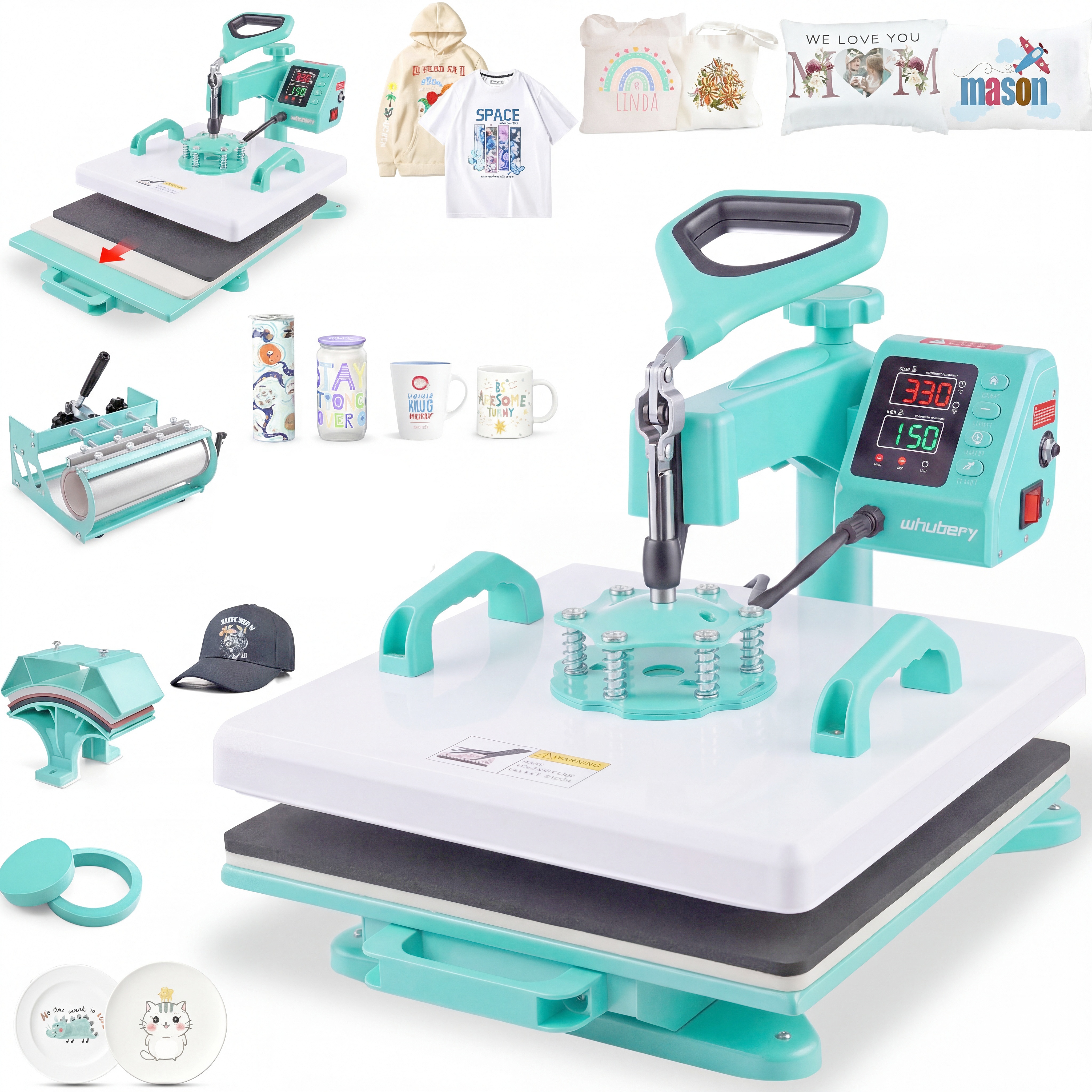 thumbnail video image 2 of Adnoom Heat Press 15x15, 5 in 1 Multifunctional Shirt Press Machine Combo, 360° Swing Away Sublimation Heat Transfer with LED Display for T-shirts Mugs Hat Plate Cap, Green, 2 of 8