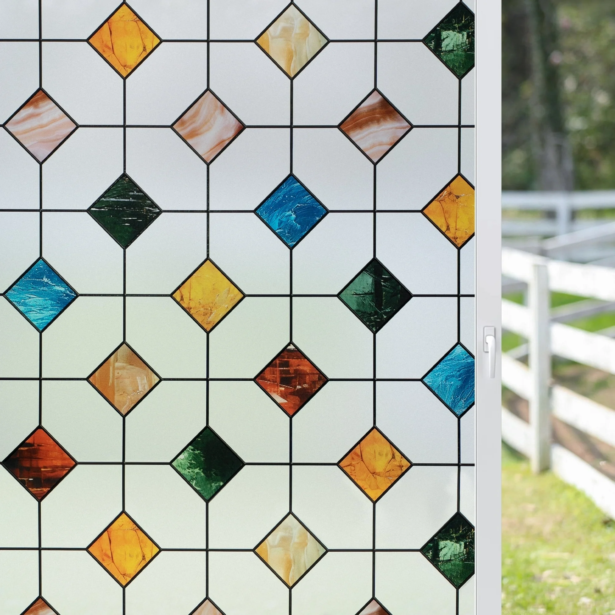 thumbnail video image 2 of DKTIE 17.7" x 78.7" Agate Stone Lattice Pattern Stained Glass Privacy Window Film, Anti-UV & Heat Blocking, Easy Install Electrostatic Cling, Deliver installation tools, 2 of 12