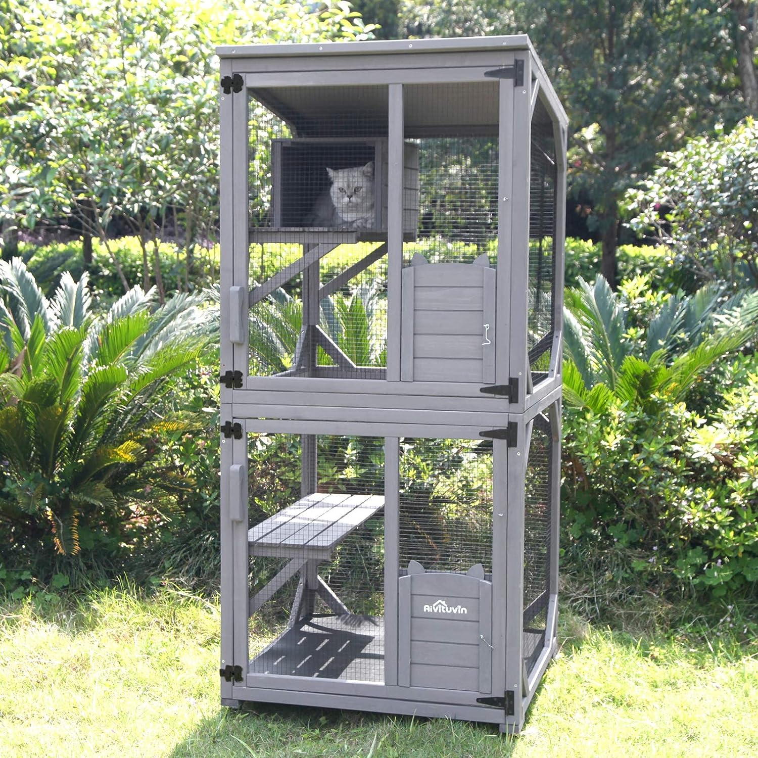 thumbnail video image 2 of Aivituvin Catio Outdoor Cat House Wooden Cat Enclosure Resting Box with 3 Platforms, 71 inch Kitten Condo Pets Cage, Gray, 2 of 17