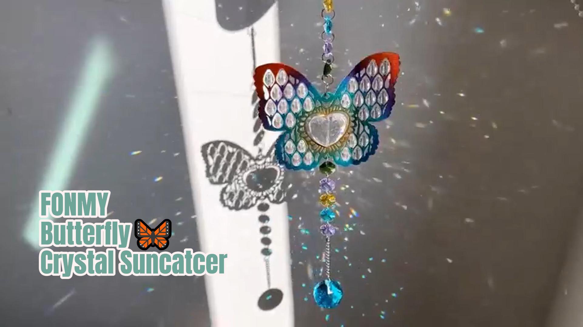 thumbnail video image 2 of FONMY Butterfly Sun Catcher Rainbow Maker w/ K9 Crystal, Decorative Hanging Ornament Gift For Mom (16 inch, 1pc), 2 of 7