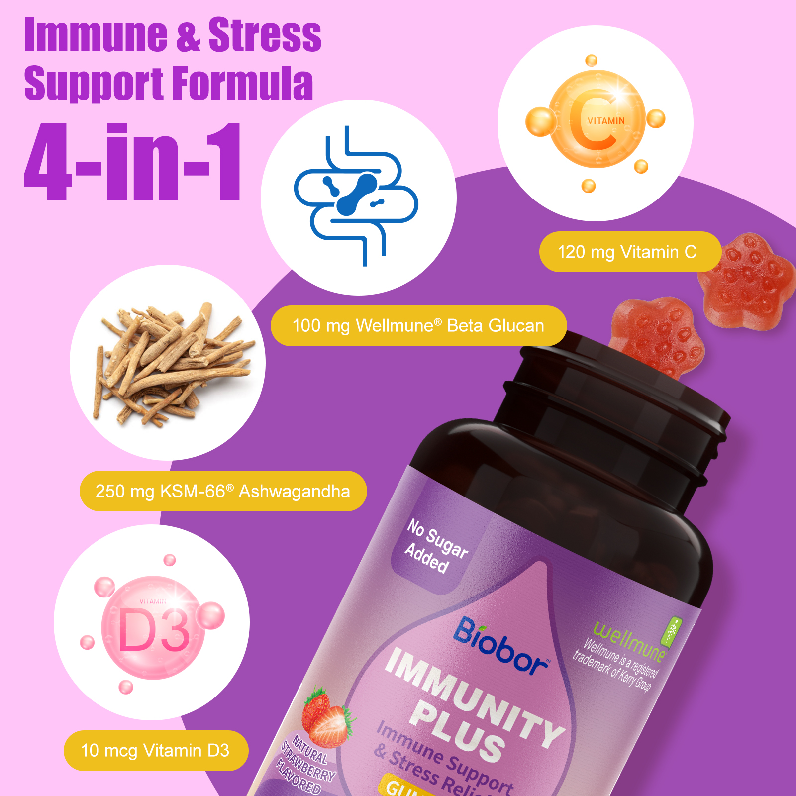 thumbnail video image 2 of Biobor 4 in 1 Immunity Gummies with Wellmune® Beta Glucan, KSM-66 Ashwagandha, Vitamin C & D3, for Adults Immune Support & Stress Relief, Sugar Free, GMO Free, Gluten Free (Strawberry, 60 Ct), 2 of 7