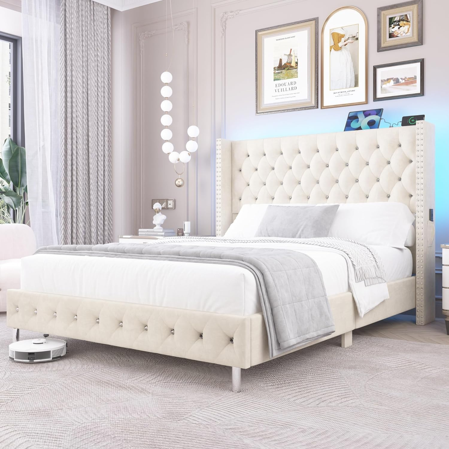 thumbnail video image 2 of Blotout- Queen LED Upholstered Bed Frame with Wingback Headboard, Velvet Diamond Button Tufted Bed Frame USB & Type-C Ports and Side Pockets, Wood Slats Support, No Box Spring Needed, 2 of 10