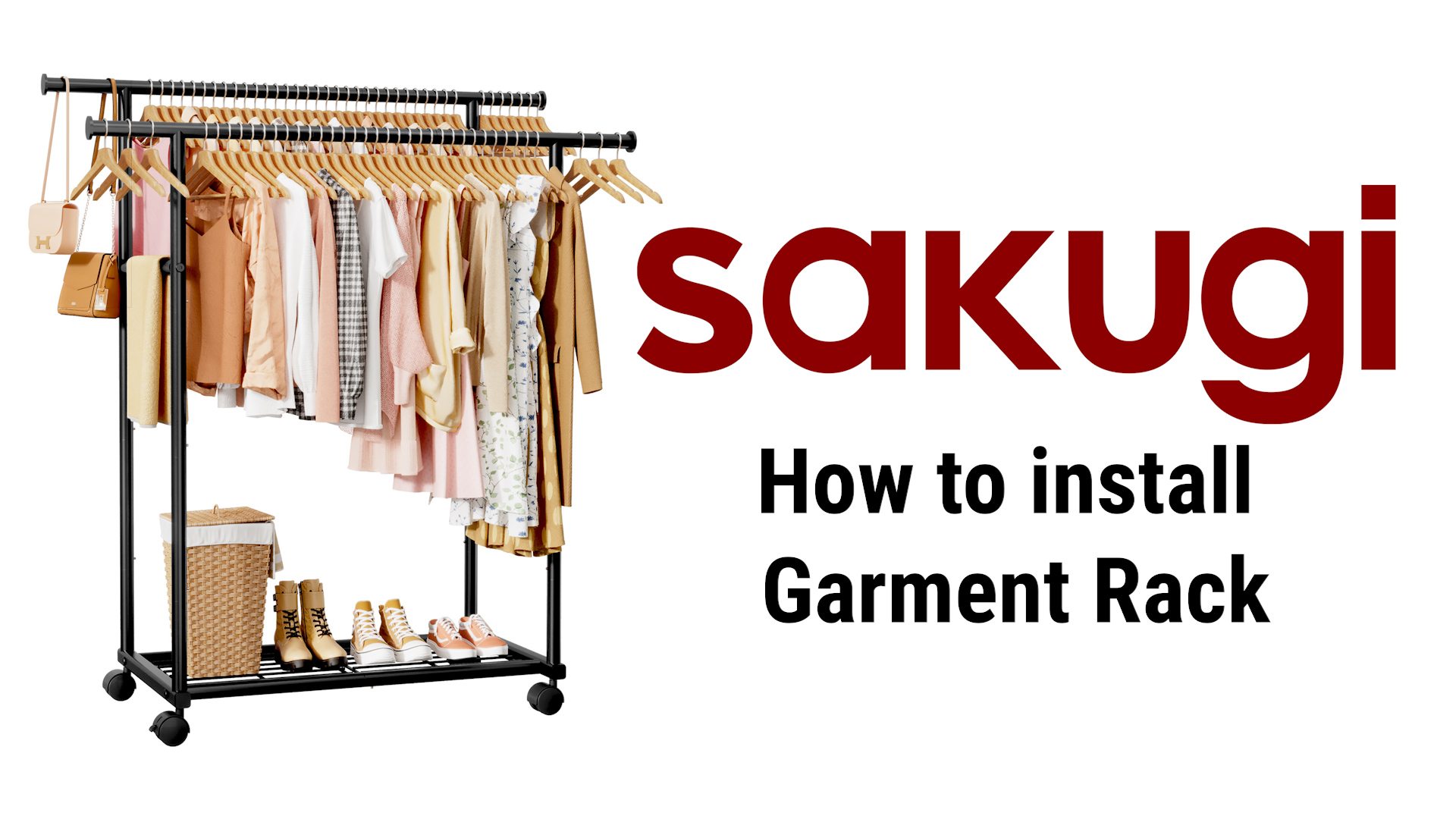 thumbnail video image 2 of Sakugi Clothes Rack with Double Hanging Rods and Bottom Shelf, Rolling Metal Garment Rack for Bedroom Closet Storage, 38.5" x 16.9" x 59.1", Black, 2 of 12