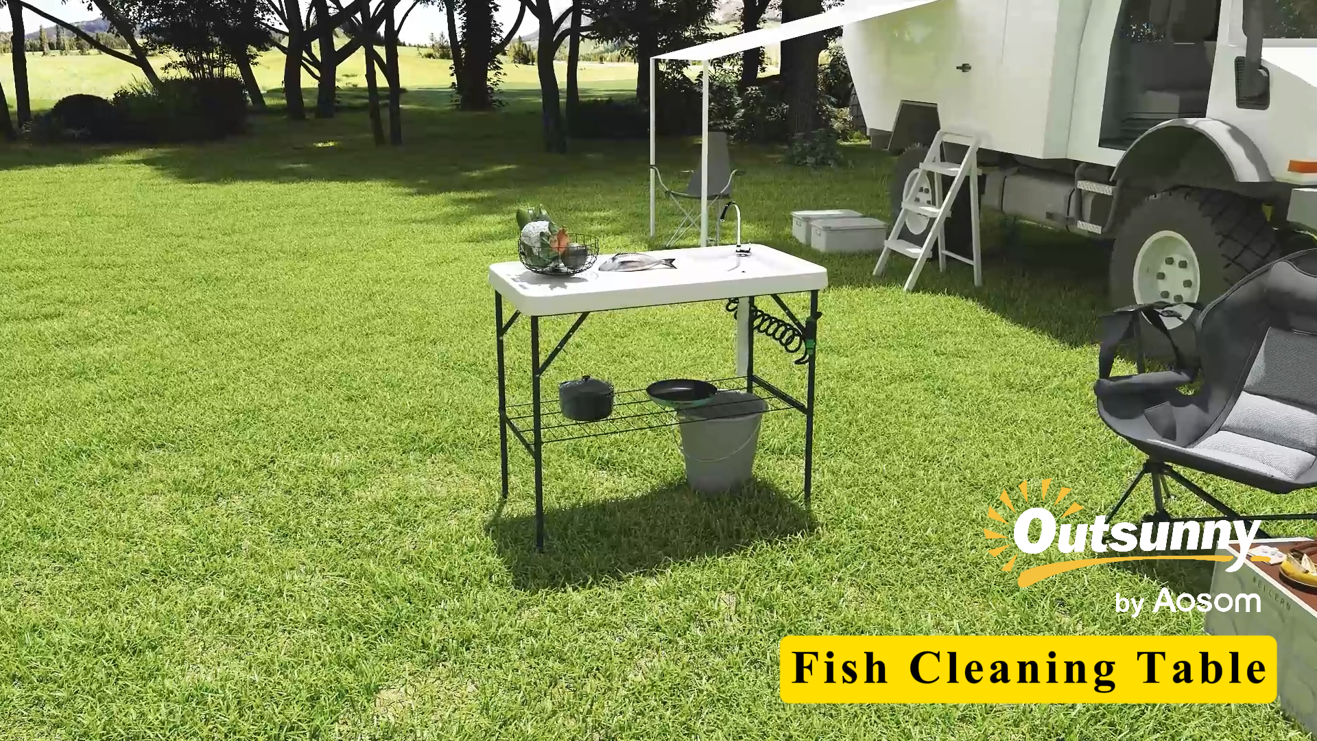thumbnail video image 2 of Outsunny Folding Fish Cleaning Table with Sink, Outdoor Fillet Table for Picnic Beach Patio, White, 2 of 10