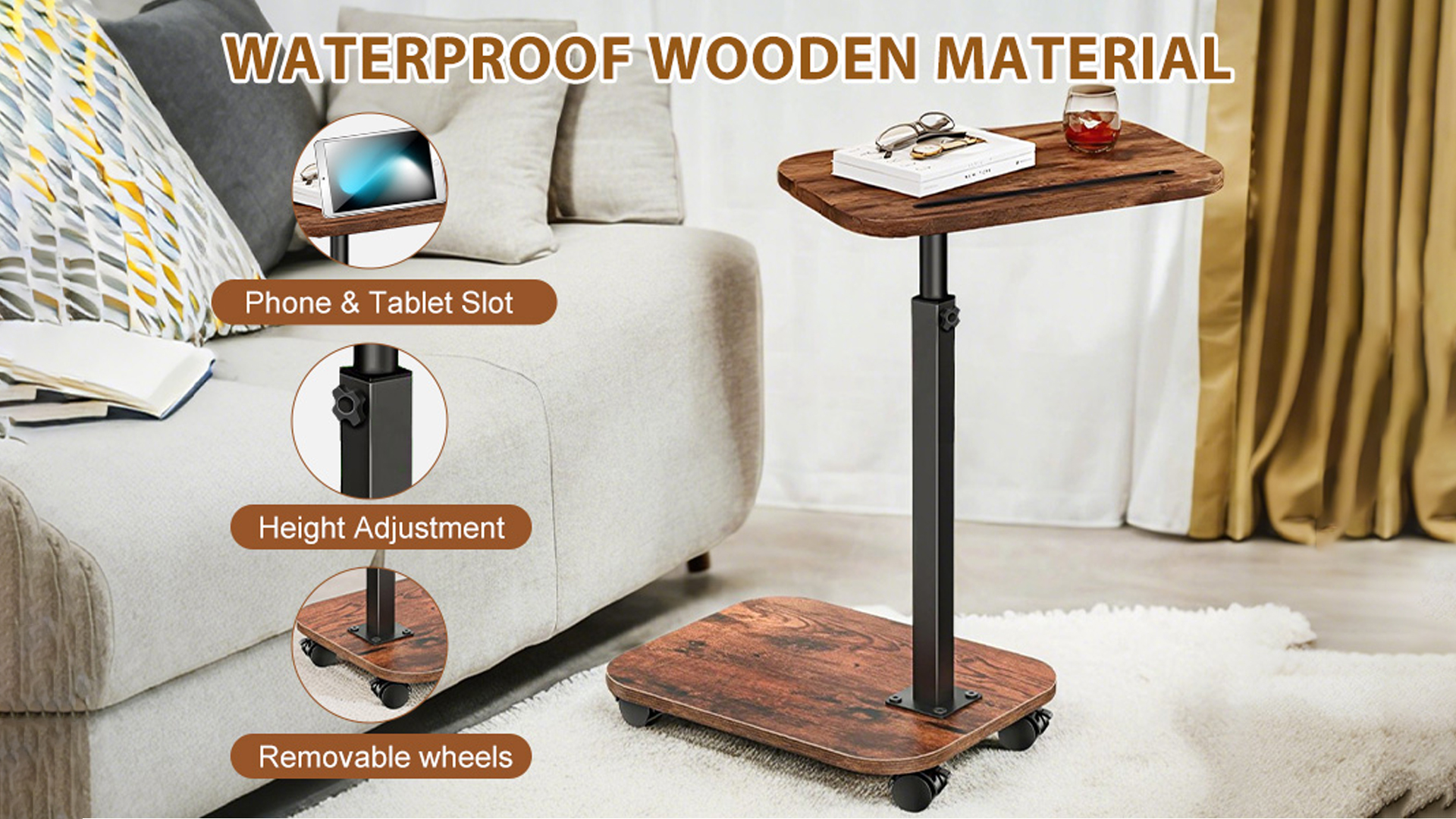 thumbnail video image 2 of C Table End Table Adjustable Height, Cuopluber 360°Swivel TV Tray Table for Small Spaces, Couch Tables That slide under, C Shaped Side Tables living room and bedroom for Sofa, Bed,Chair, Snack, 2 of 7
