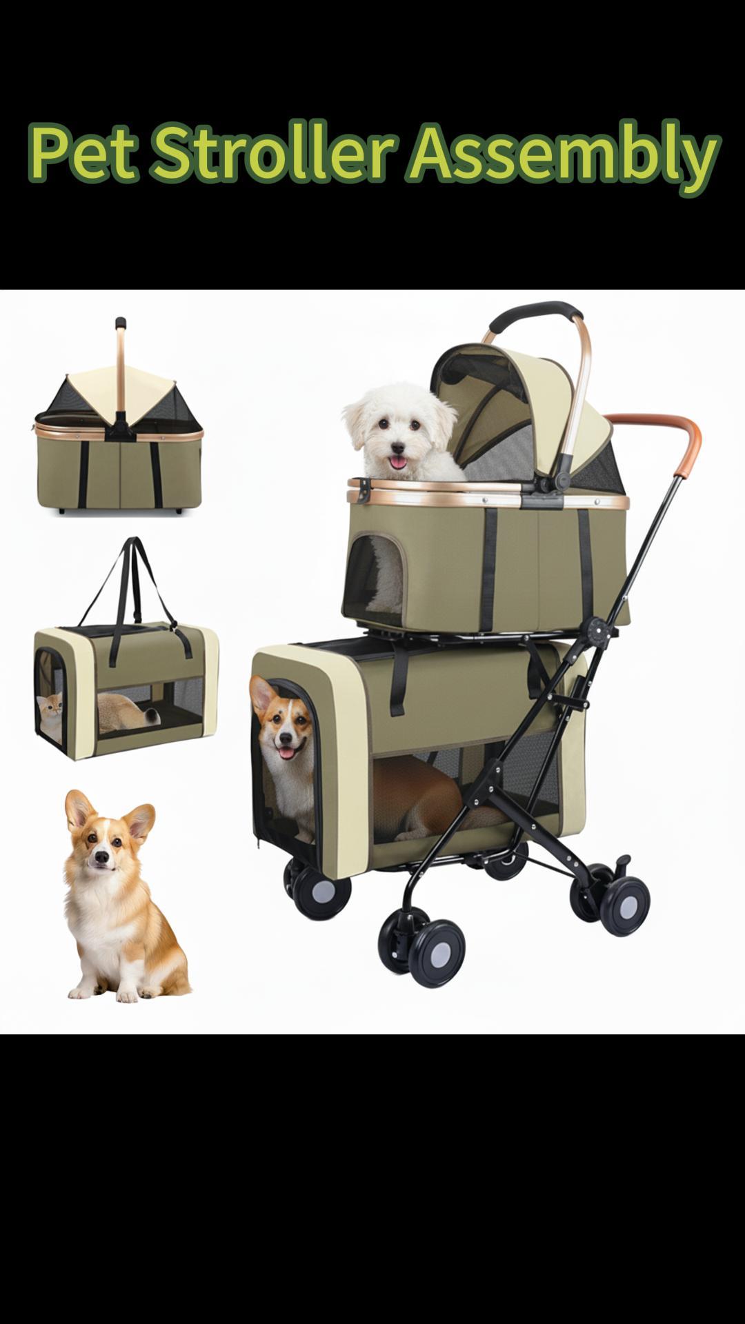 thumbnail video image 2 of StarZe Dual 4-in-1 Double Stroller with 4 Wheels for Pets, Foldable and Portable Design for Medium Dogs and Cats,Up to 50lbs (Brown), 2 of 10