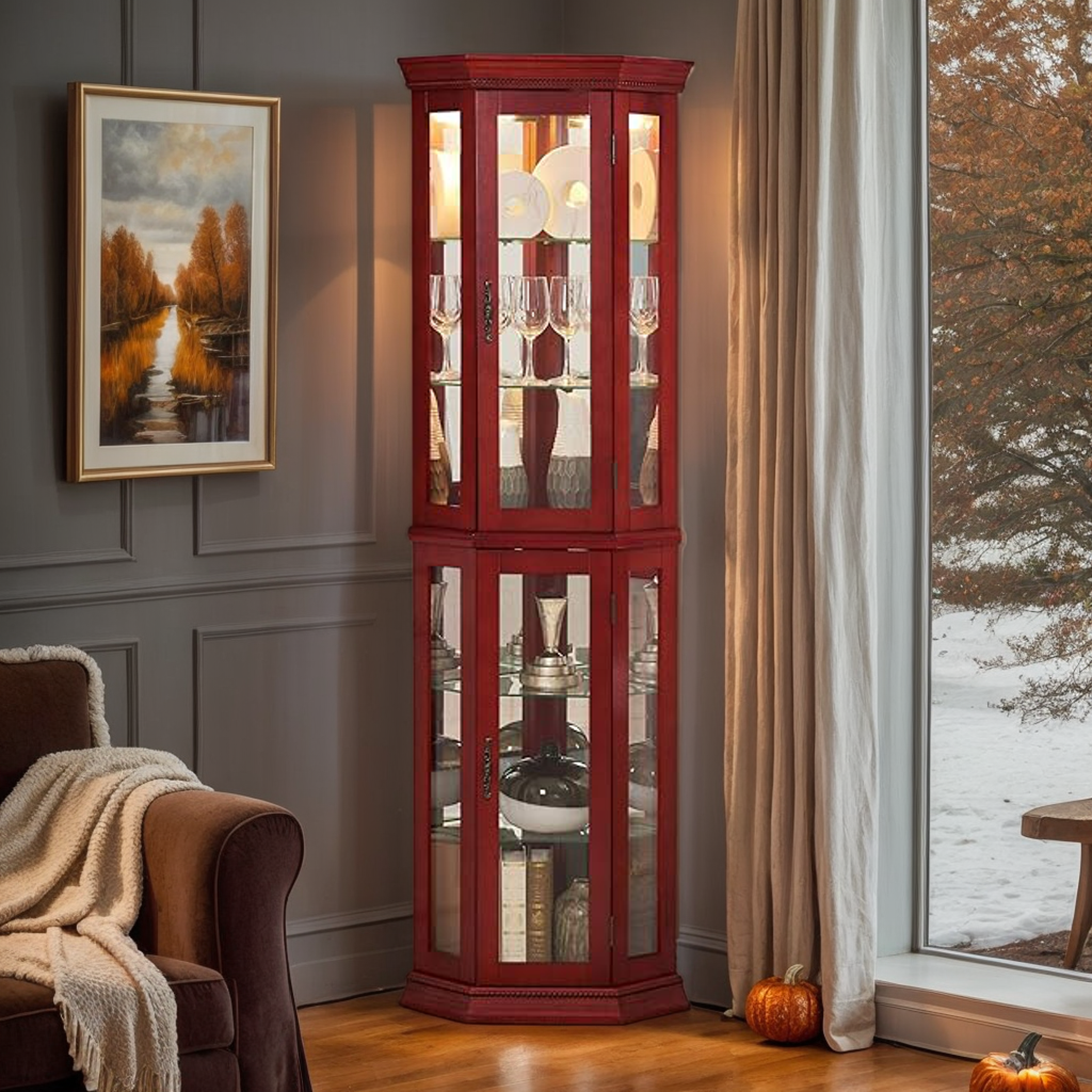 thumbnail video image 2 of CKEASEAN Corner Curio Cabinet with Light Bulb, Tempered Glass Doors, Floor Standing Glass Display Cage with 6 Tempered Glass Shelves, Wine Cabinet Storage Rack for Bar and Liquor Storage, 2 of 10