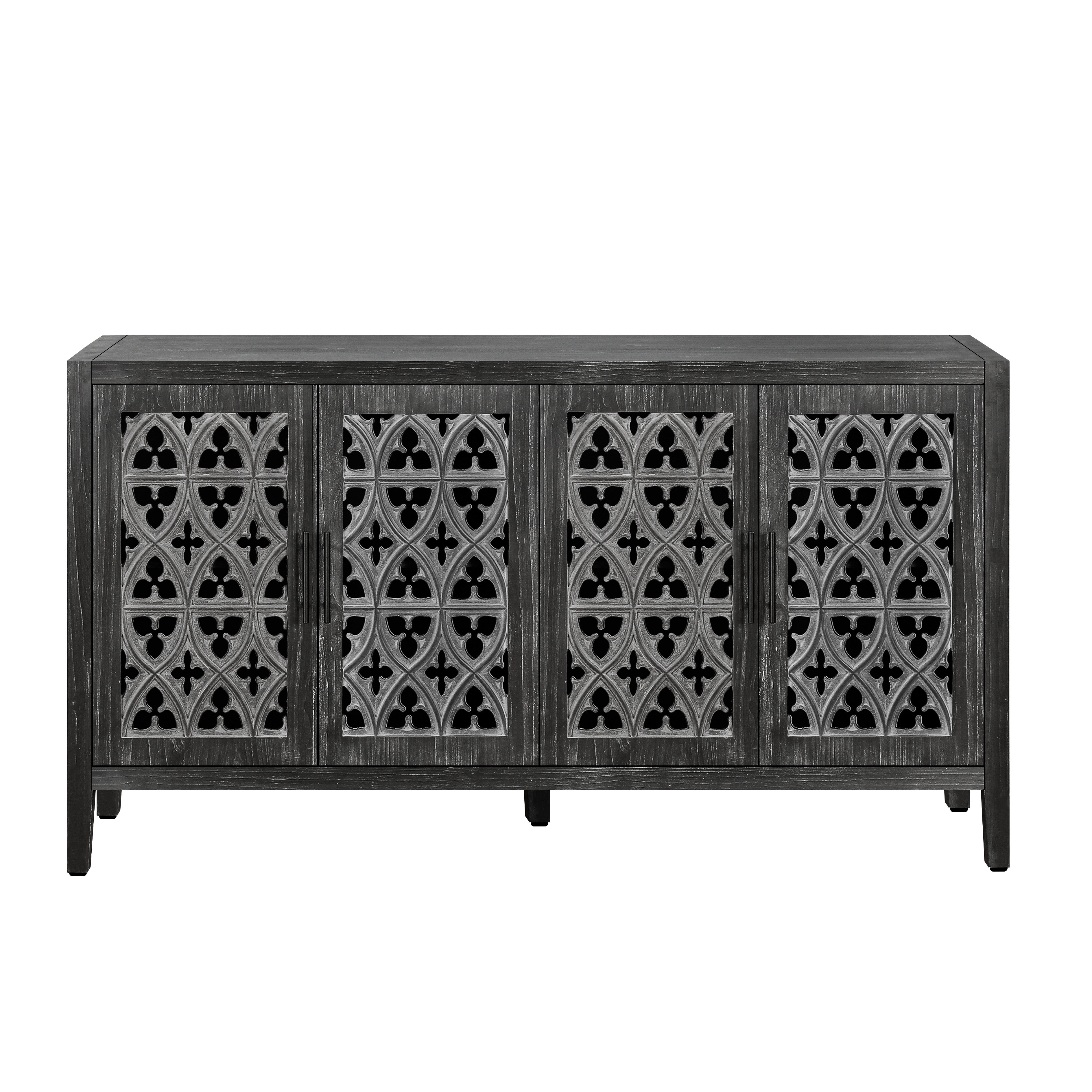 thumbnail video image 2 of Atumcto 4-Door Antique Carved Sideboard Cabinet, Farmhouse Storage Buffet Console for Living Room, Dining Room or TV Stand, Antique Black, 2 of 10
