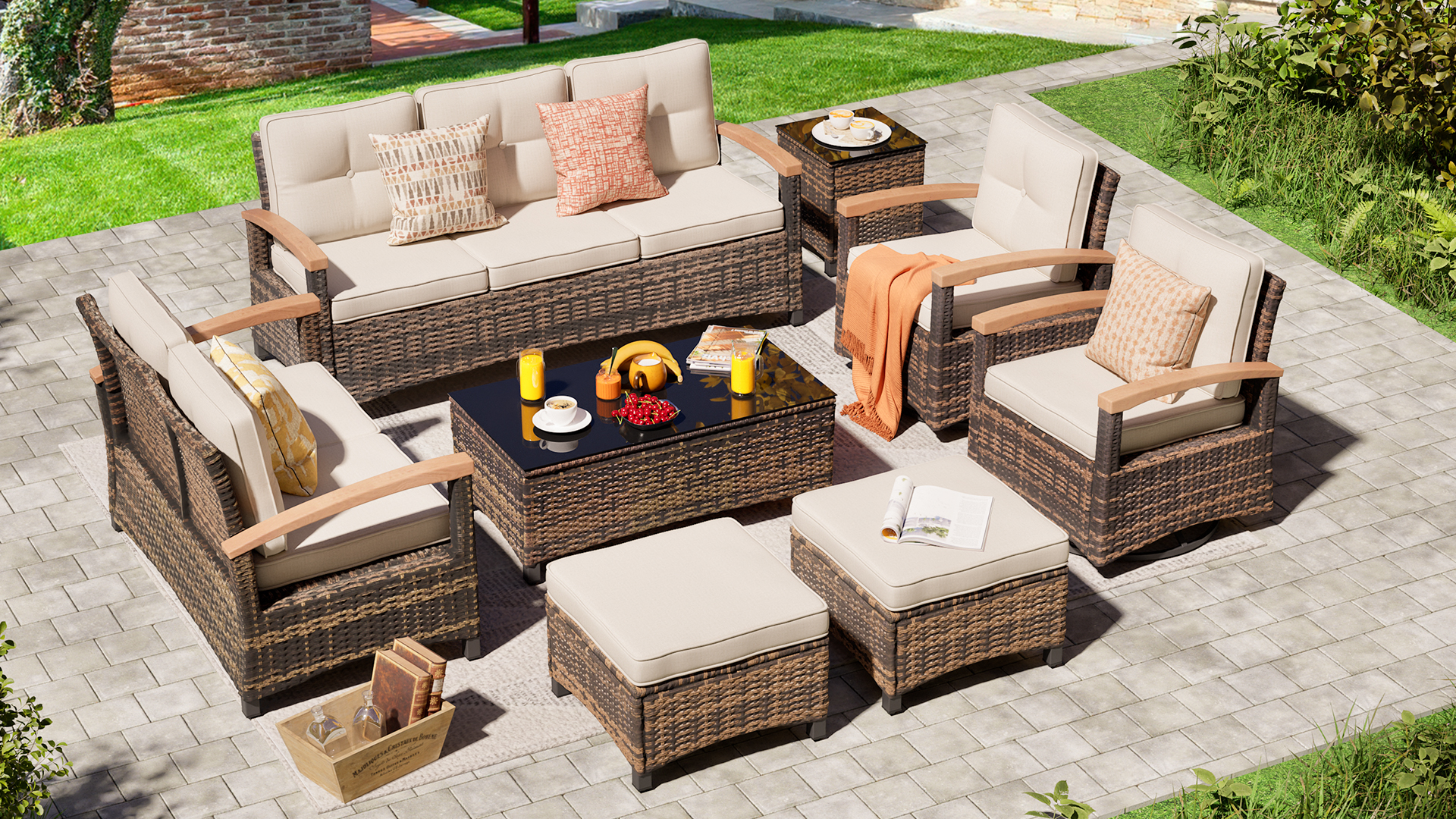thumbnail video image 2 of MEISSALIVVE 9 Pieces Outdoor Patio Furniture Sets,PE Wicker Patio Conversation Sets with 4 Wood Armrests Swivel Rocker Chairs，2 Ottoman and Coffee Table(Brown), 2 of 8